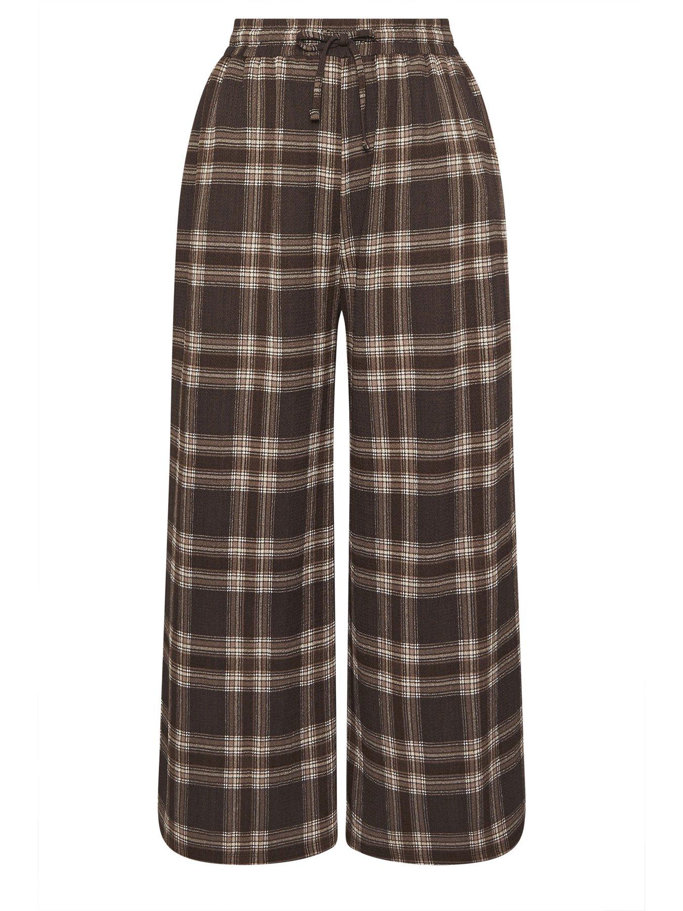 Image 5 of 5 of Yours Curve Check Crinkle Wide Leg Trousers - Brown