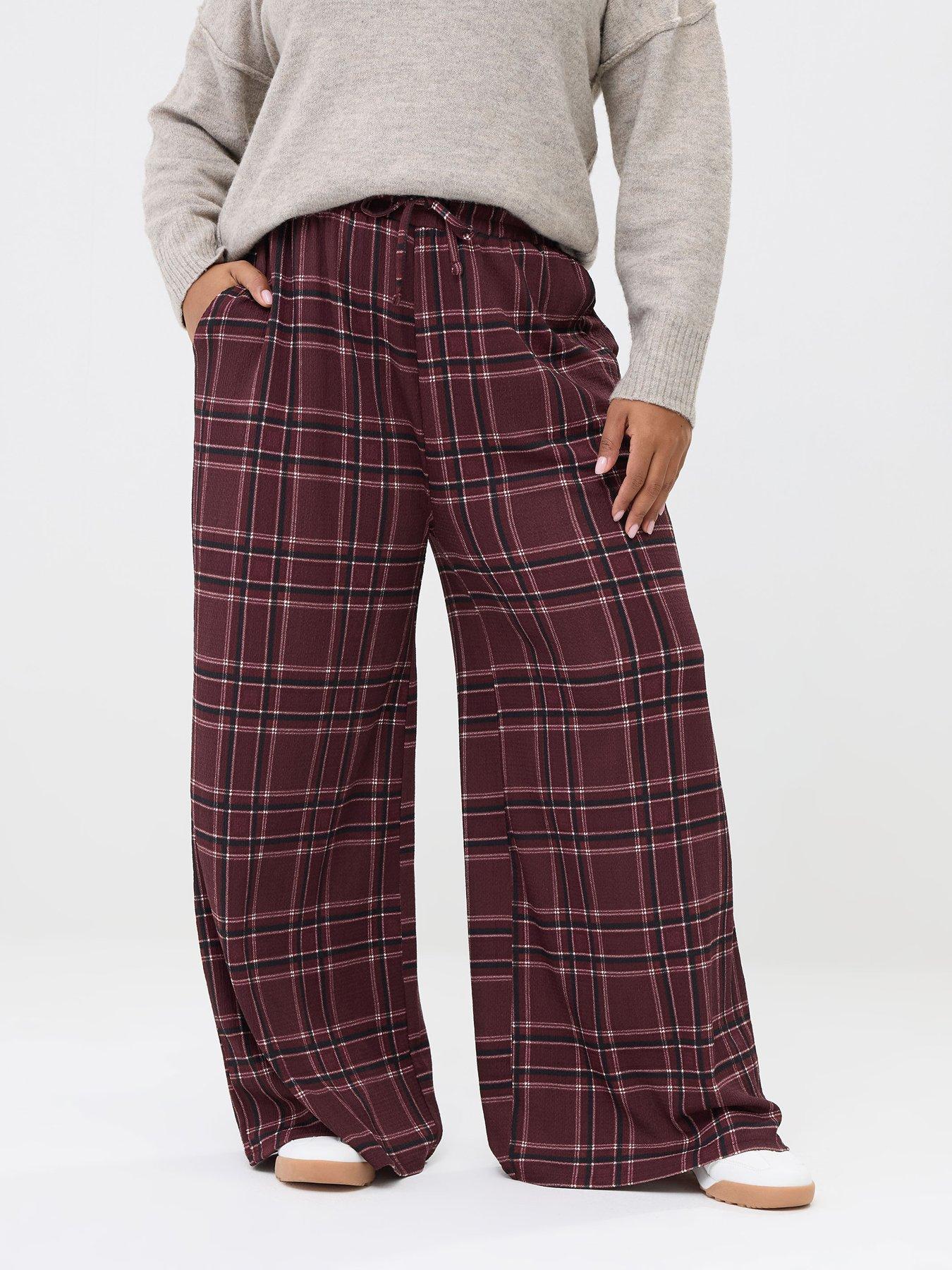 Image 1 of 5 of Yours Curve Check Crinkle Wide Leg Trousers - Red