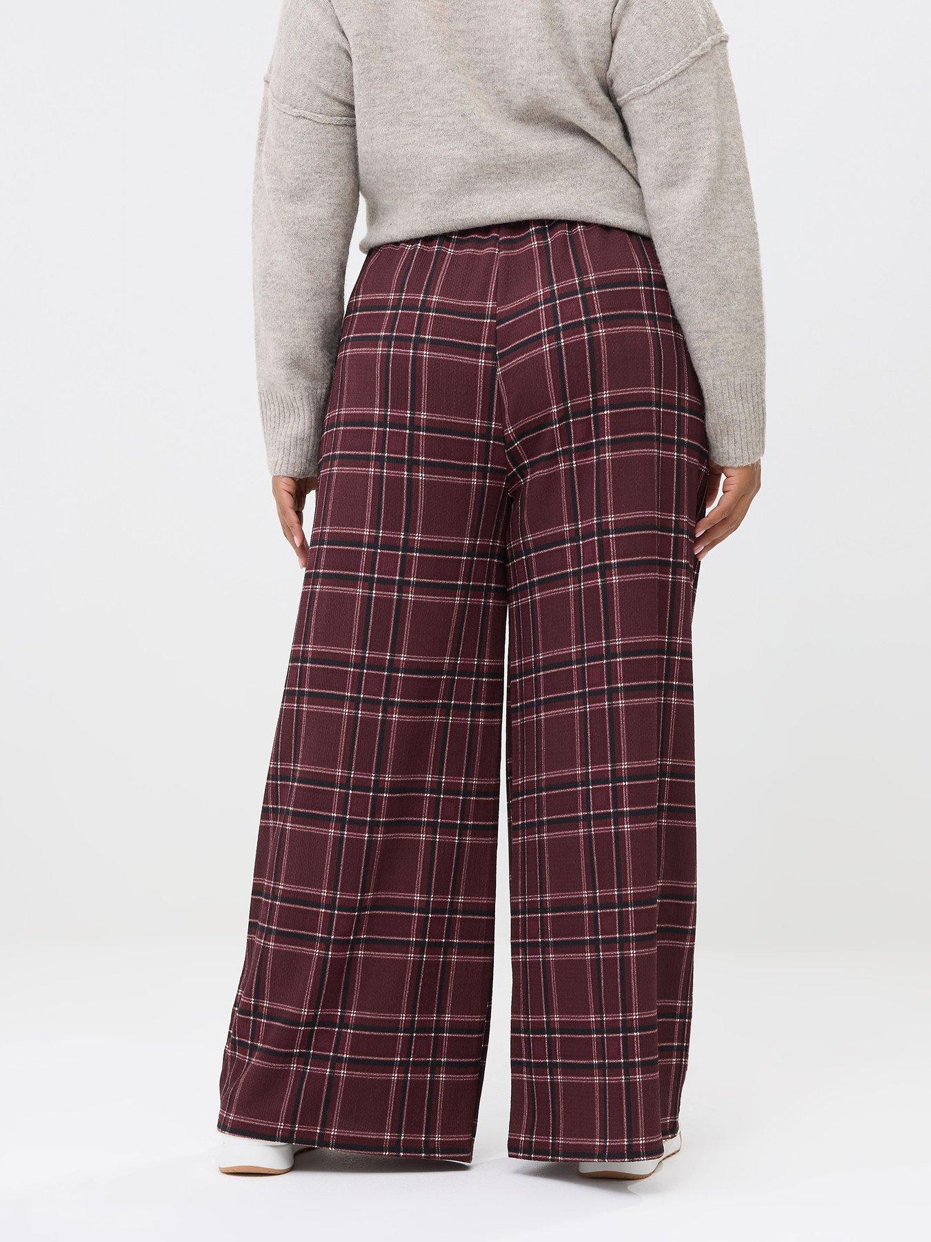 Image 2 of 5 of Yours Curve Check Crinkle Wide Leg Trousers - Red
