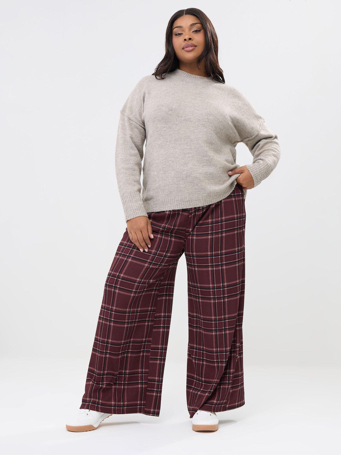Image 3 of 5 of Yours Curve Check Crinkle Wide Leg Trousers - Red