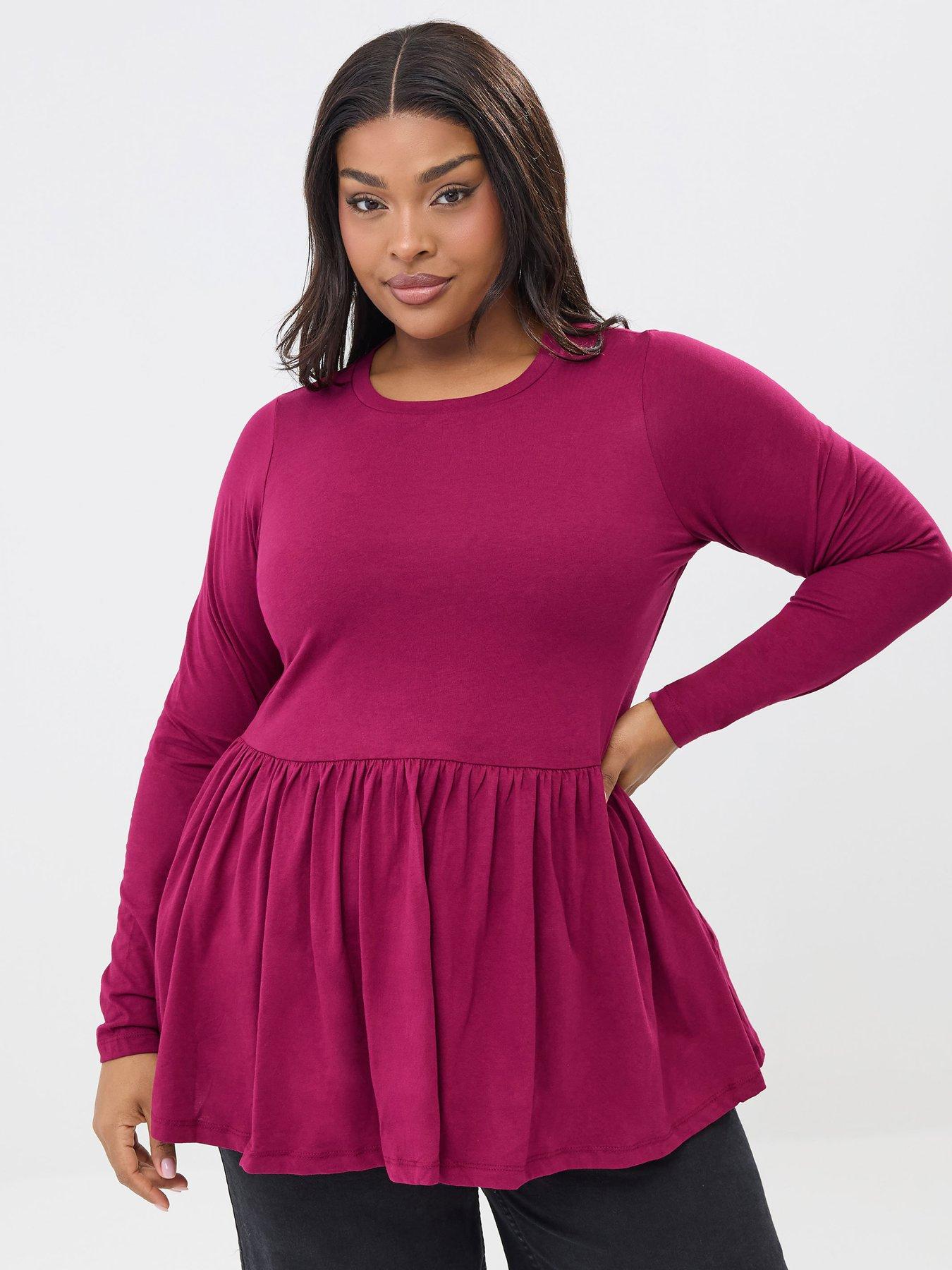 Image 1 of 5 of Yours Curve Long Sleeve Peplum Cotton Top - Pink