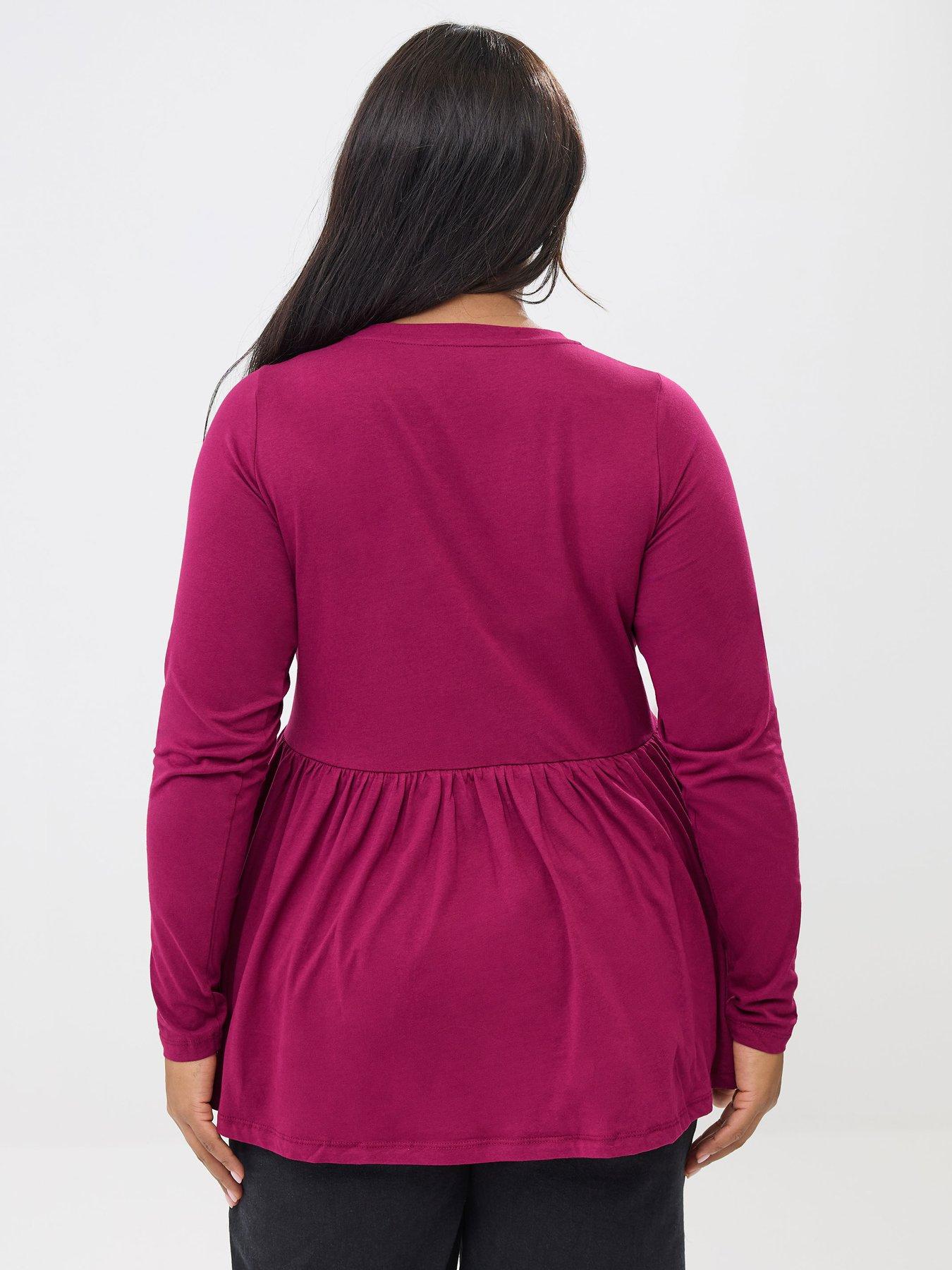 Image 2 of 5 of Yours Curve Long Sleeve Peplum Cotton Top - Pink