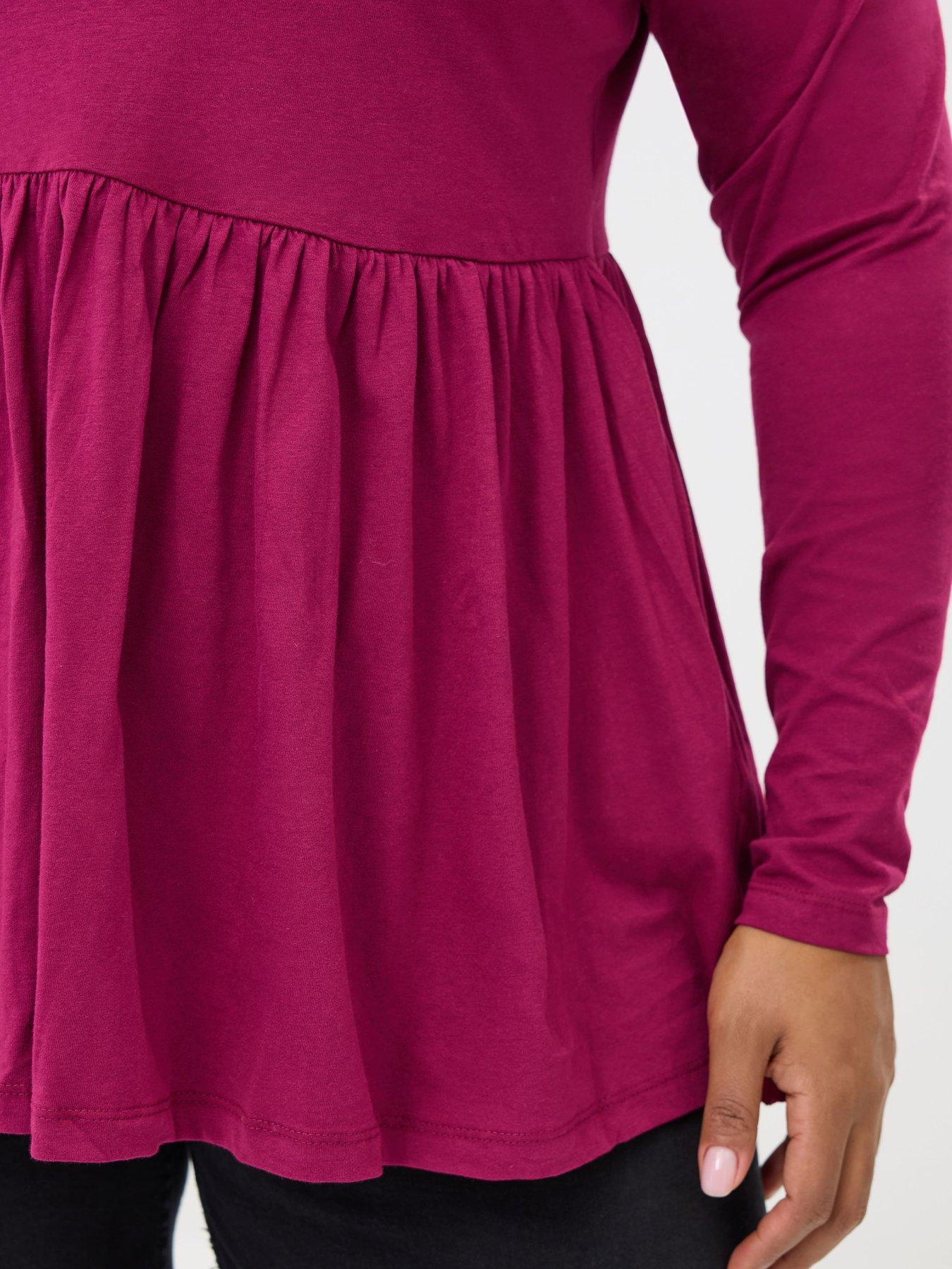 Image 4 of 5 of Yours Curve Long Sleeve Peplum Cotton Top - Pink