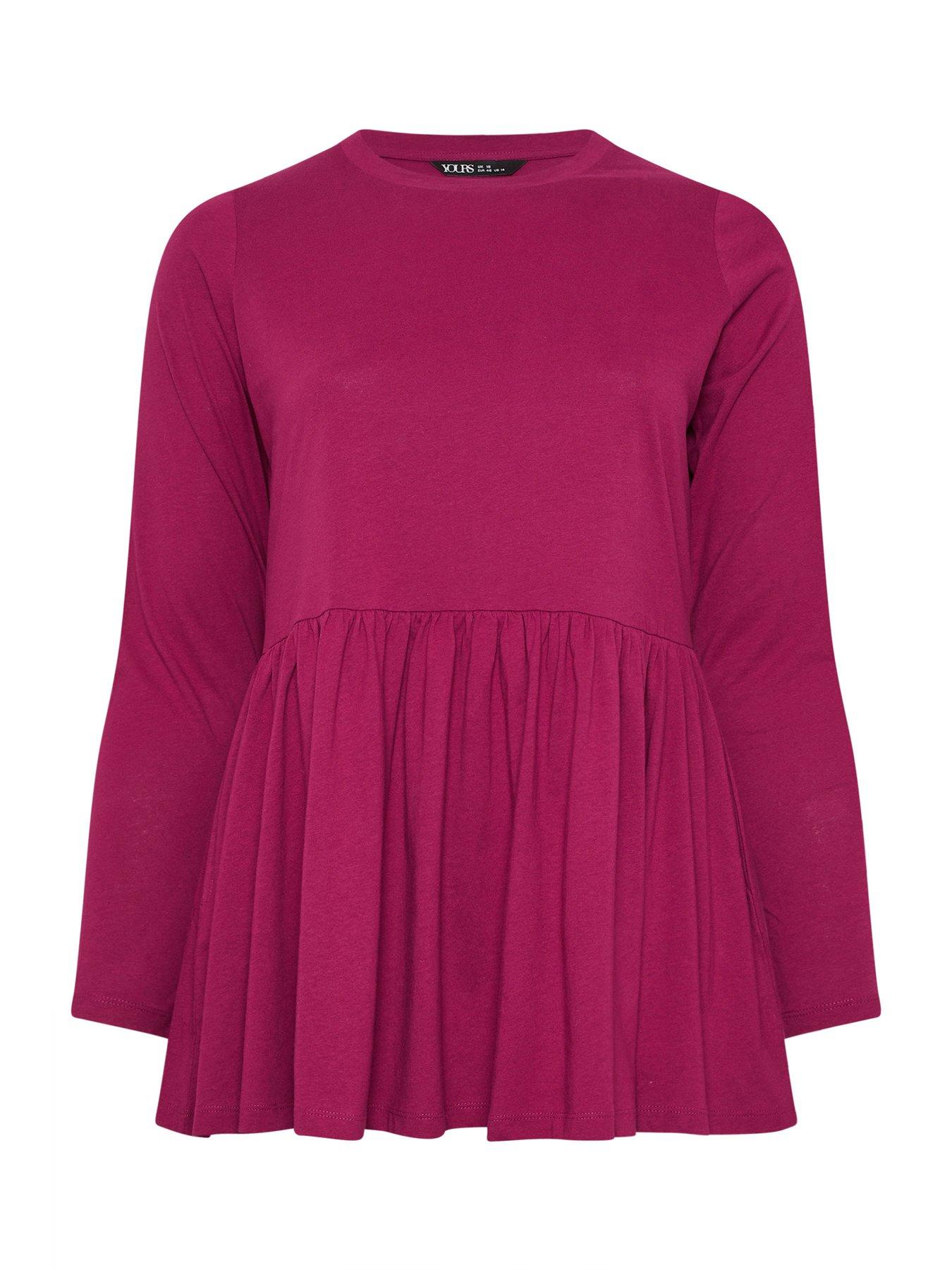 Image 5 of 5 of Yours Curve Long Sleeve Peplum Cotton Top - Pink