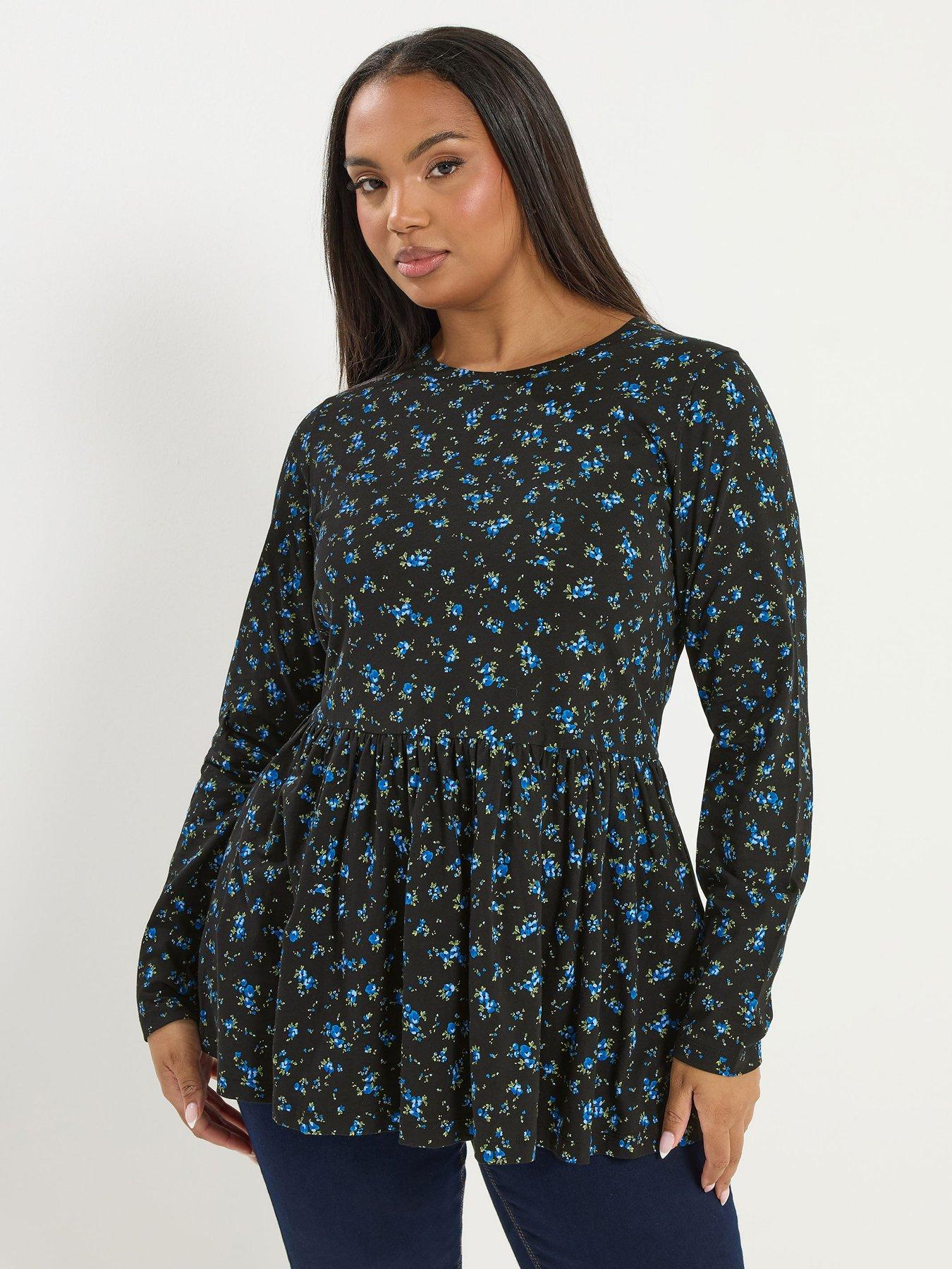 Yours Curve Long Sleeve Peplum Cotton Top - Blue