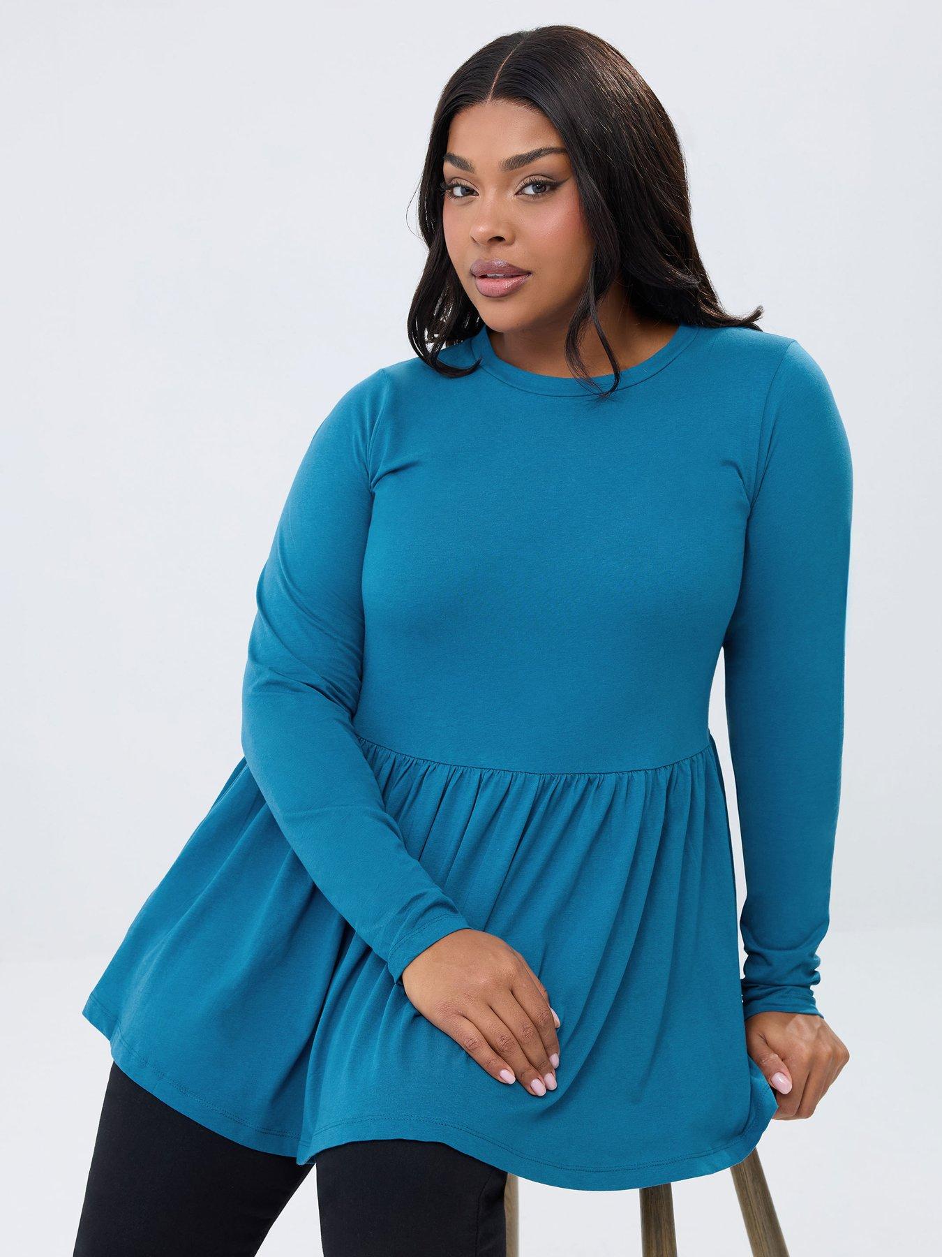Image 1 of 5 of Yours Curve Long Sleeve Peplum Cotton Top - Blue