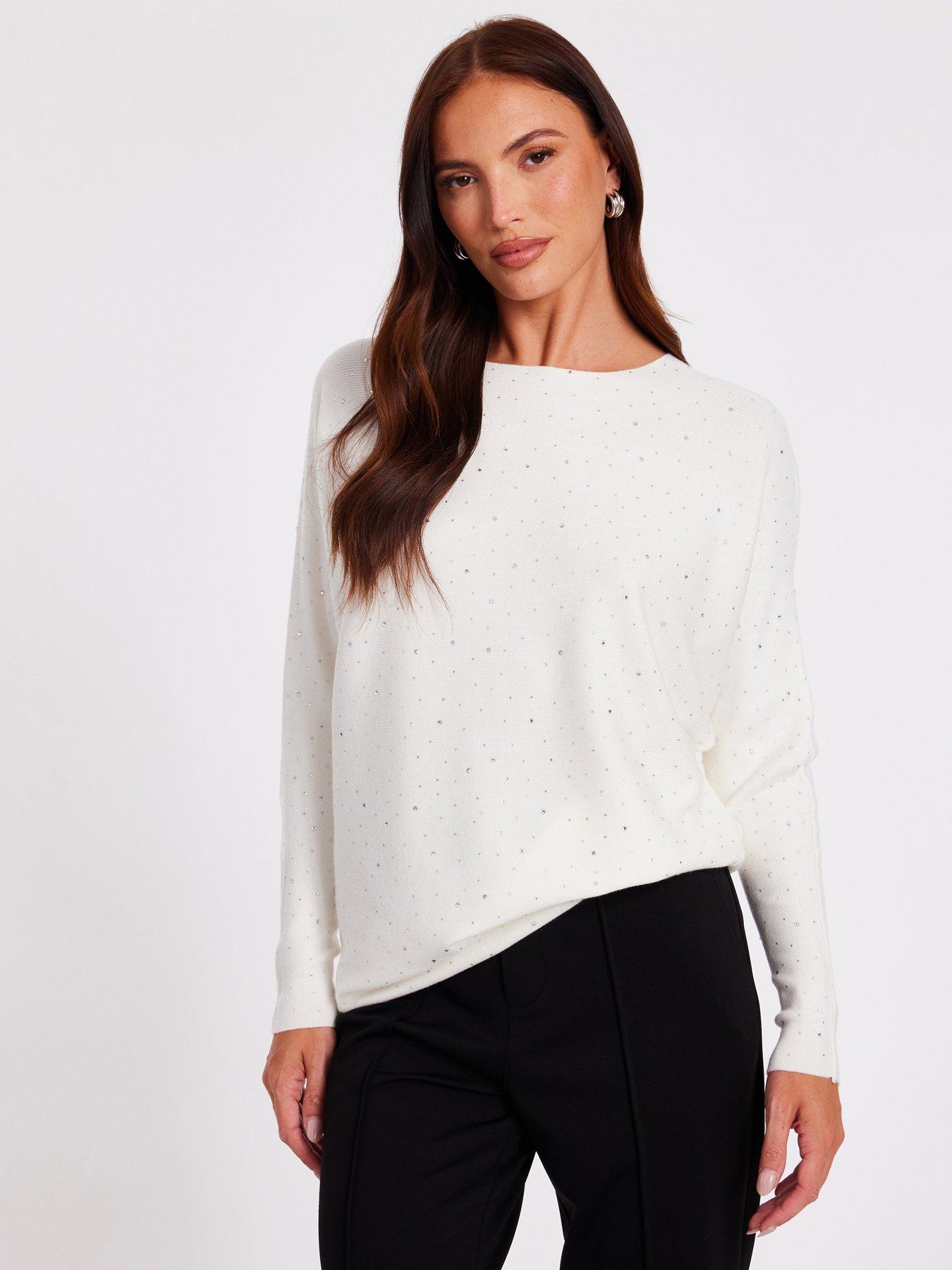  image of quiz-cream-knitted-sequin-batwing-jumper