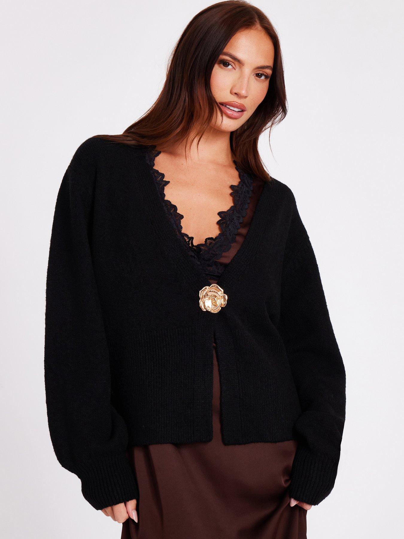 image of quiz-black-knit-flower-button-cardigan