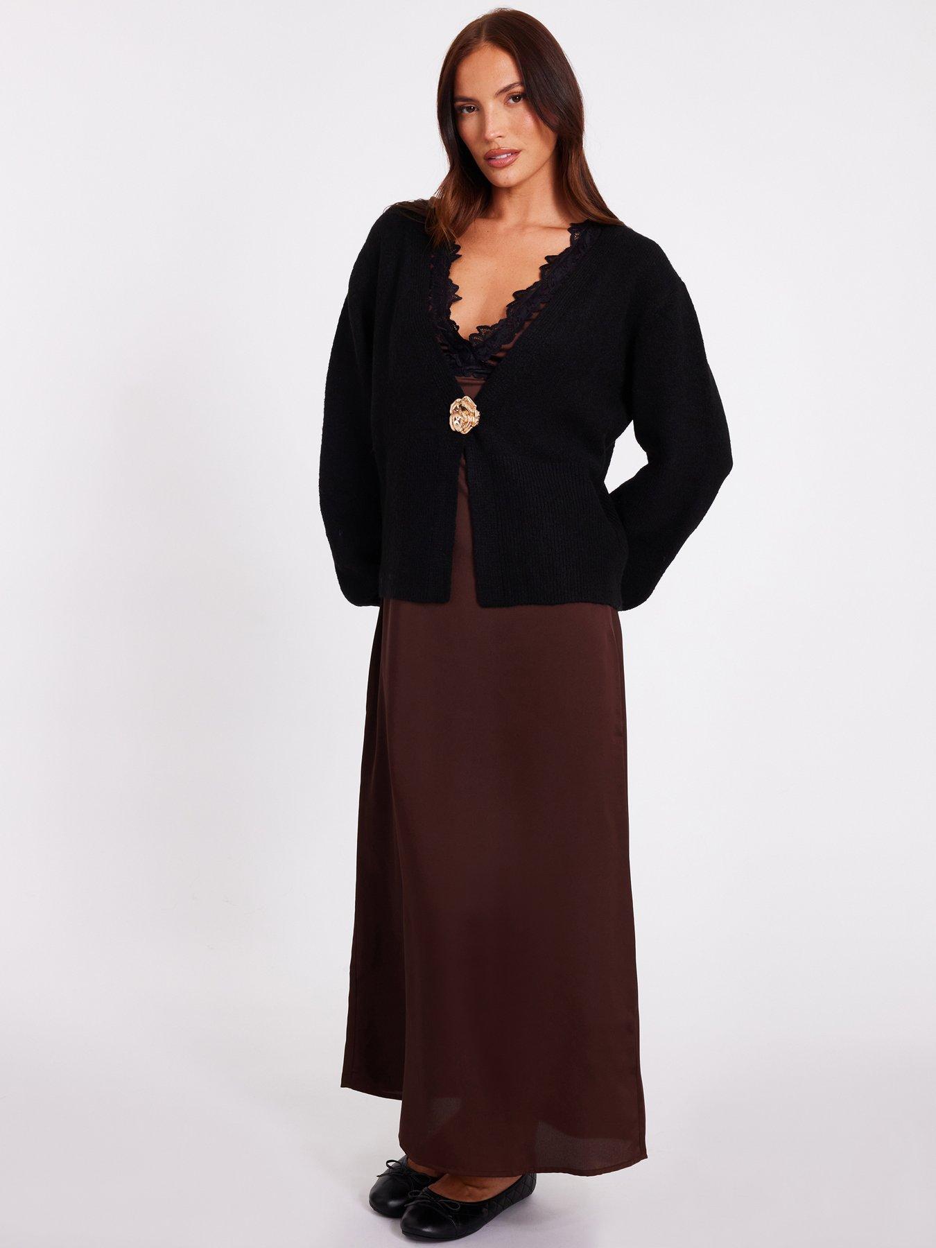  image of quiz-black-knit-flower-button-cardigan