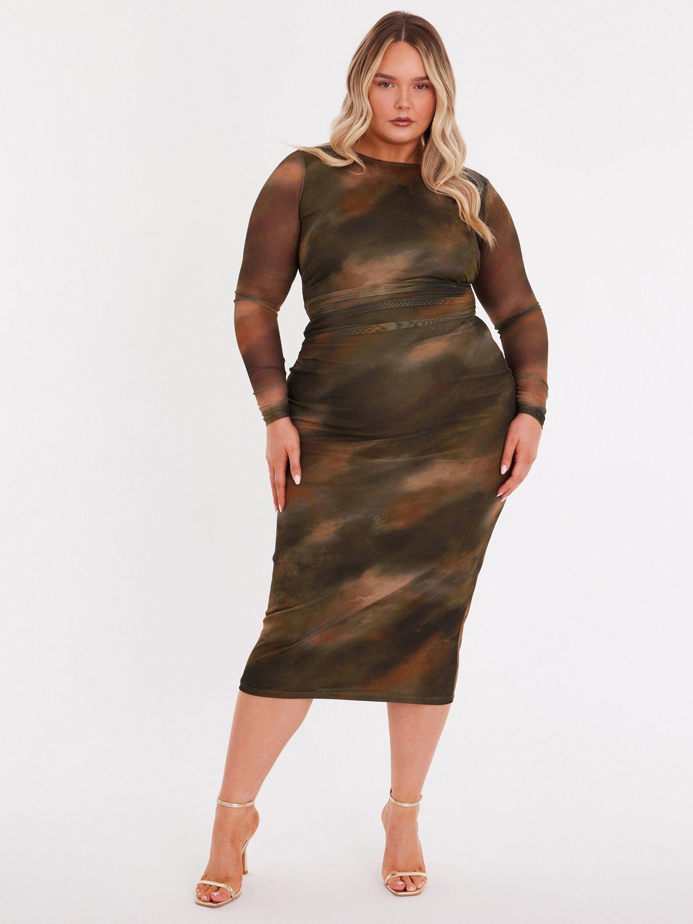  image of quiz-curve-khaki-printed-long-sleeve-midaxi-dress