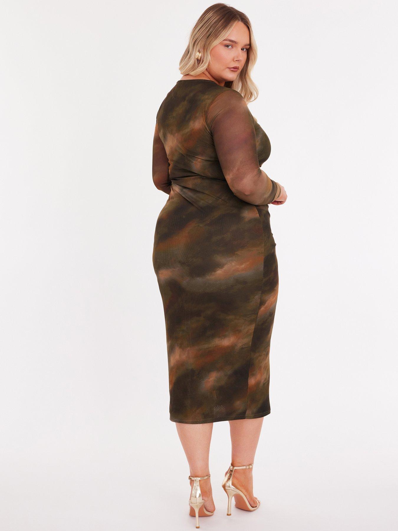  image of quiz-curve-khaki-printed-long-sleeve-midaxi-dress