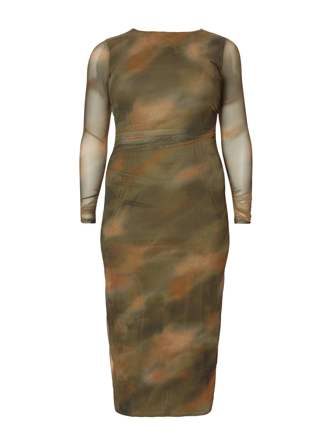  image of quiz-curve-khaki-printed-long-sleeve-midaxi-dress
