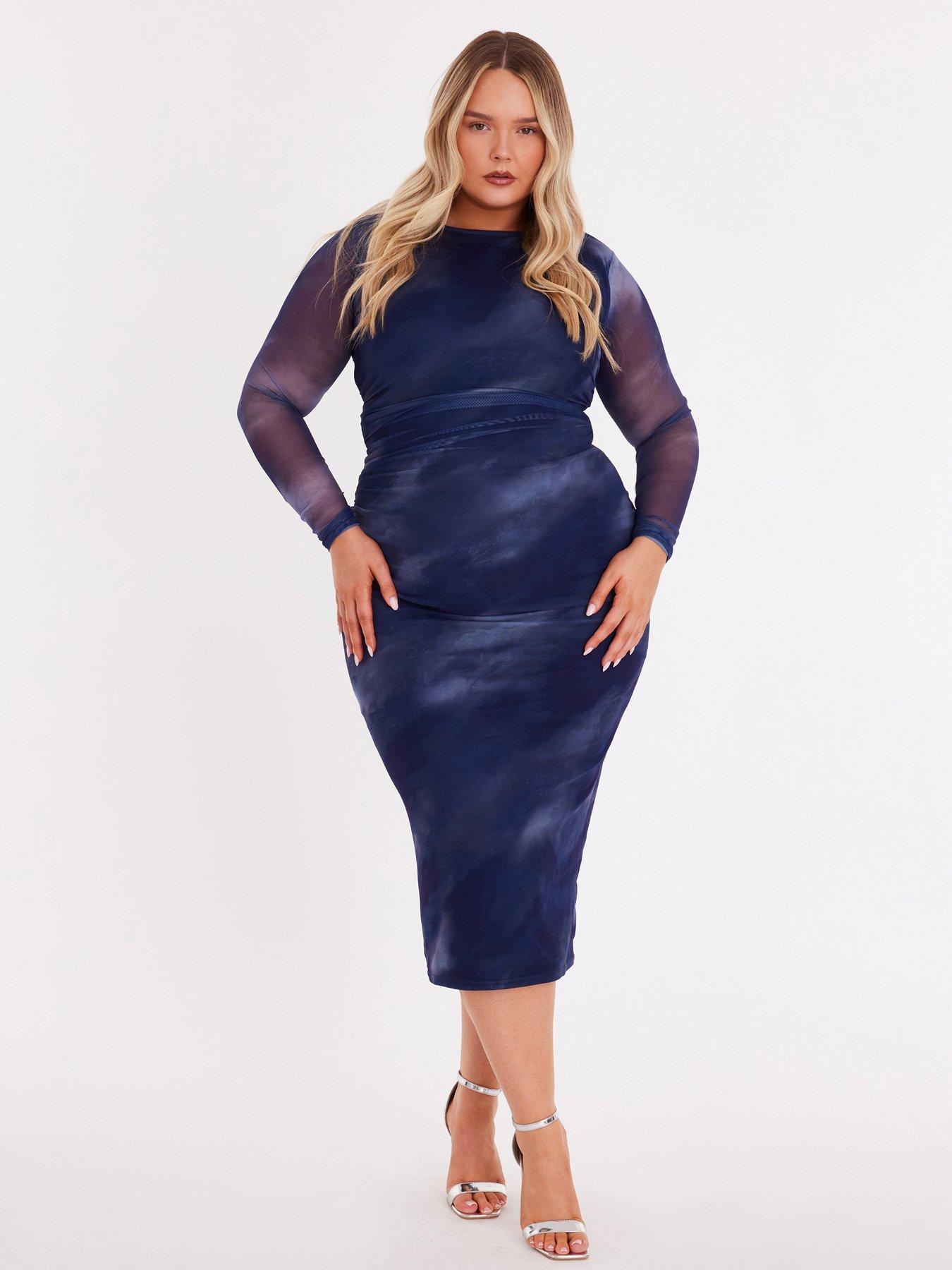Image 1 of 6 of Quiz Curve Blue Printed Long Sleeve Midaxi Dress