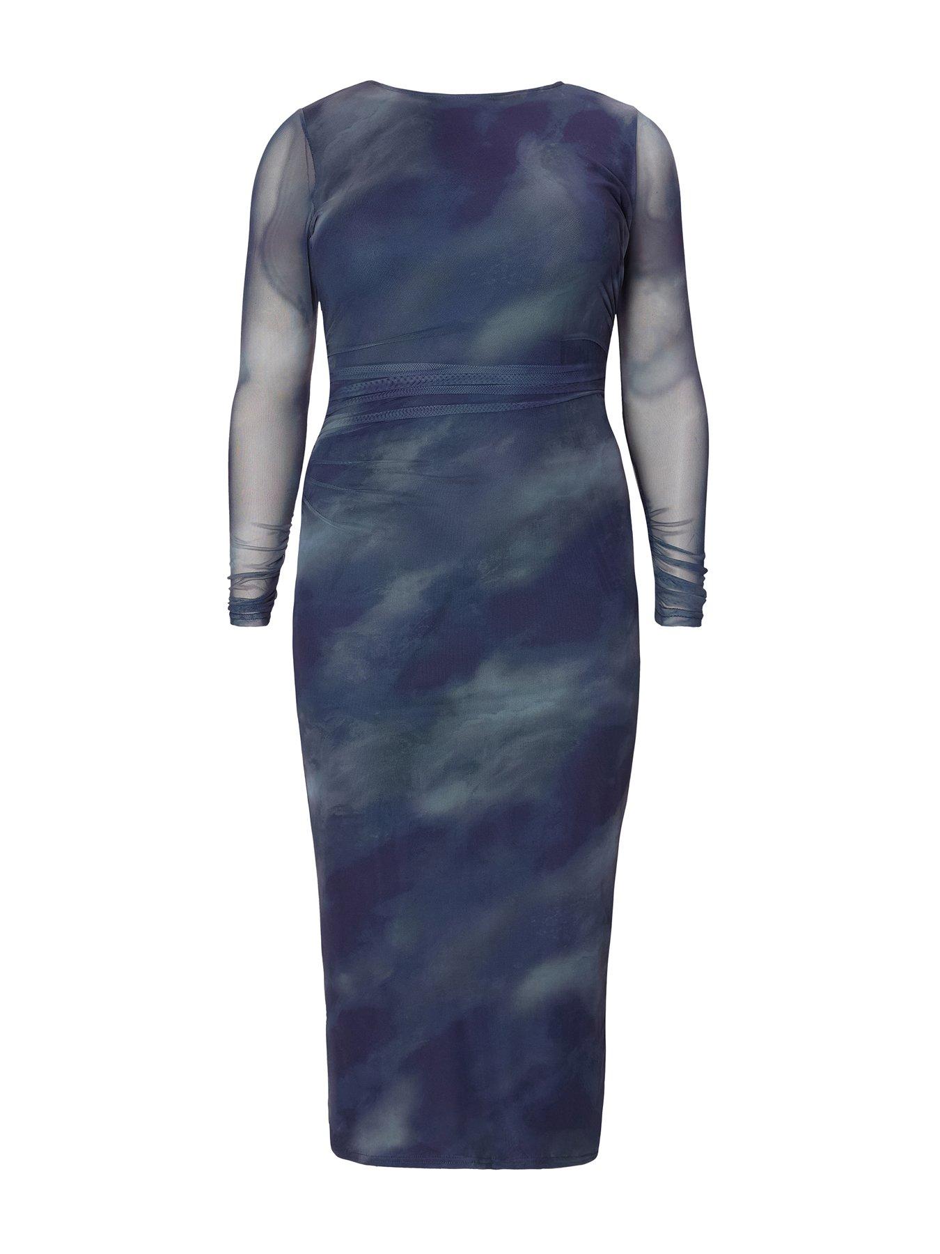 Image 5 of 6 of Quiz Curve Blue Printed Long Sleeve Midaxi Dress