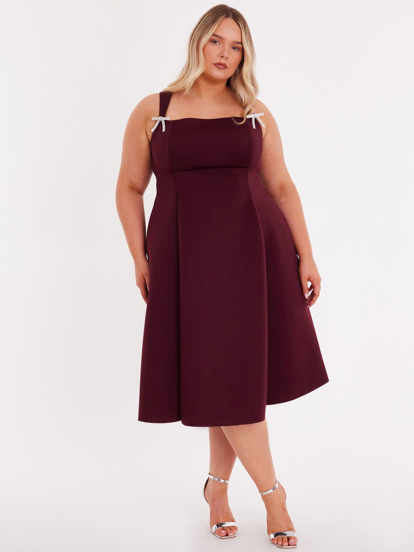 Quiz Curve Burgundy Diamante Bow Midi Dress