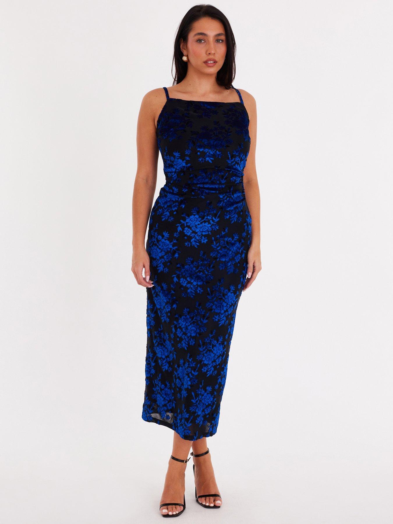 Quiz Royal Blue Velvet Floral Midaxi Dress