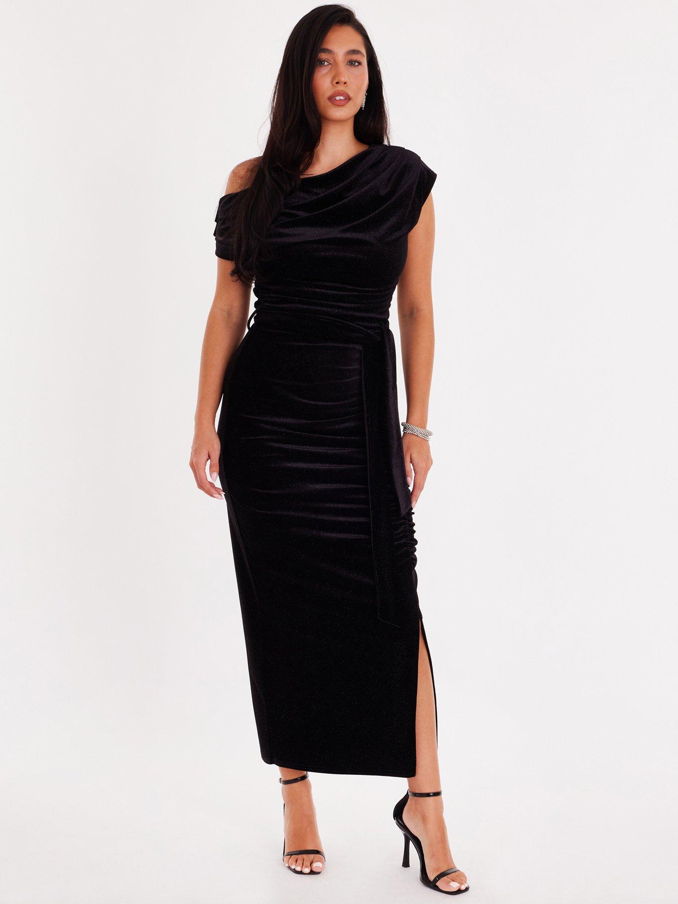 front image of quiz-black-glitter-velvet-tie-waist-midaxi-dress