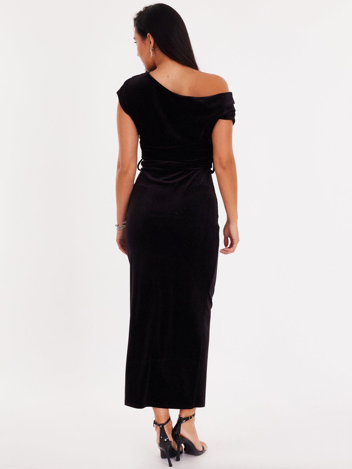 stillFront image of quiz-black-glitter-velvet-tie-waist-midaxi-dress