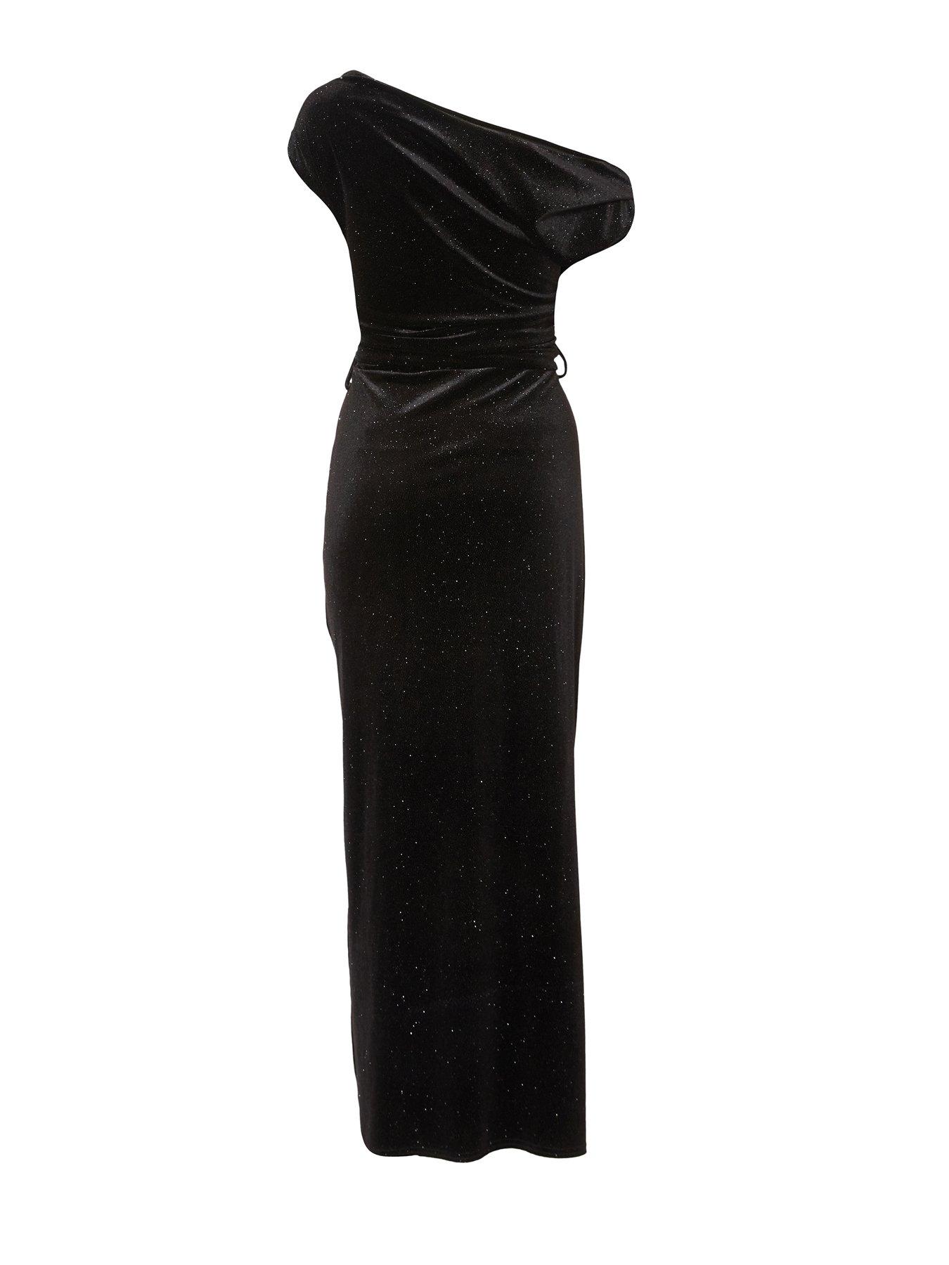  image of quiz-black-glitter-velvet-tie-waist-midaxi-dress