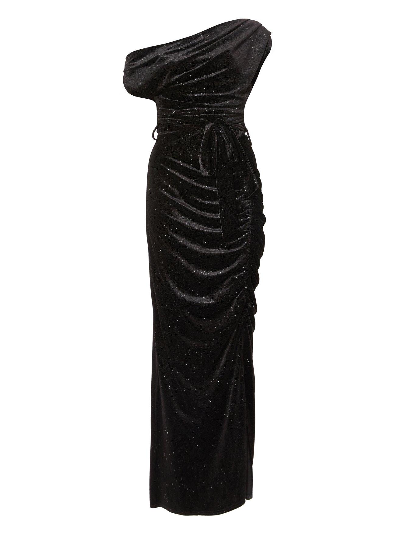 image of quiz-black-glitter-velvet-tie-waist-midaxi-dress