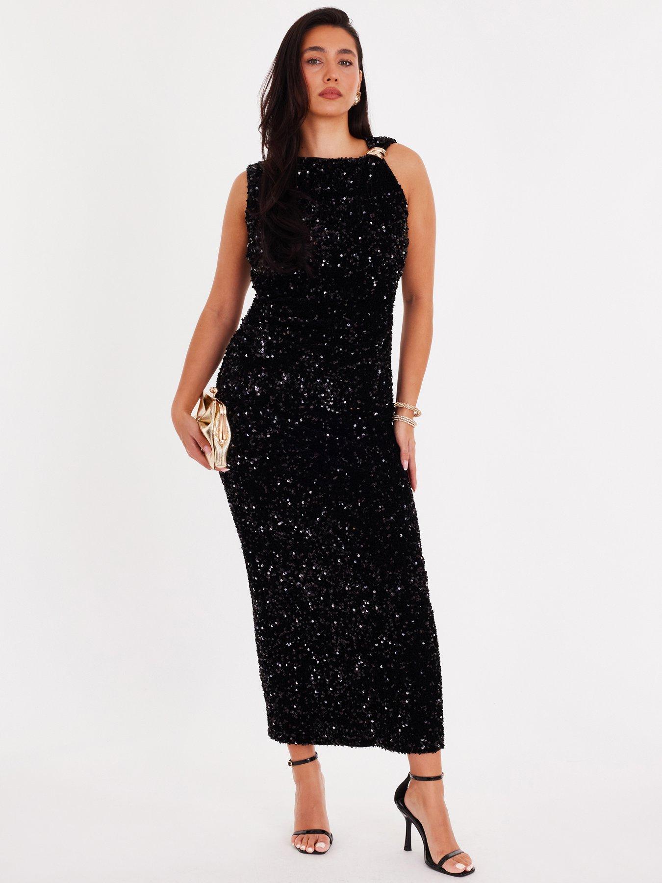  image of quiz-black-sequin-buckle-detail-midaxi-dress