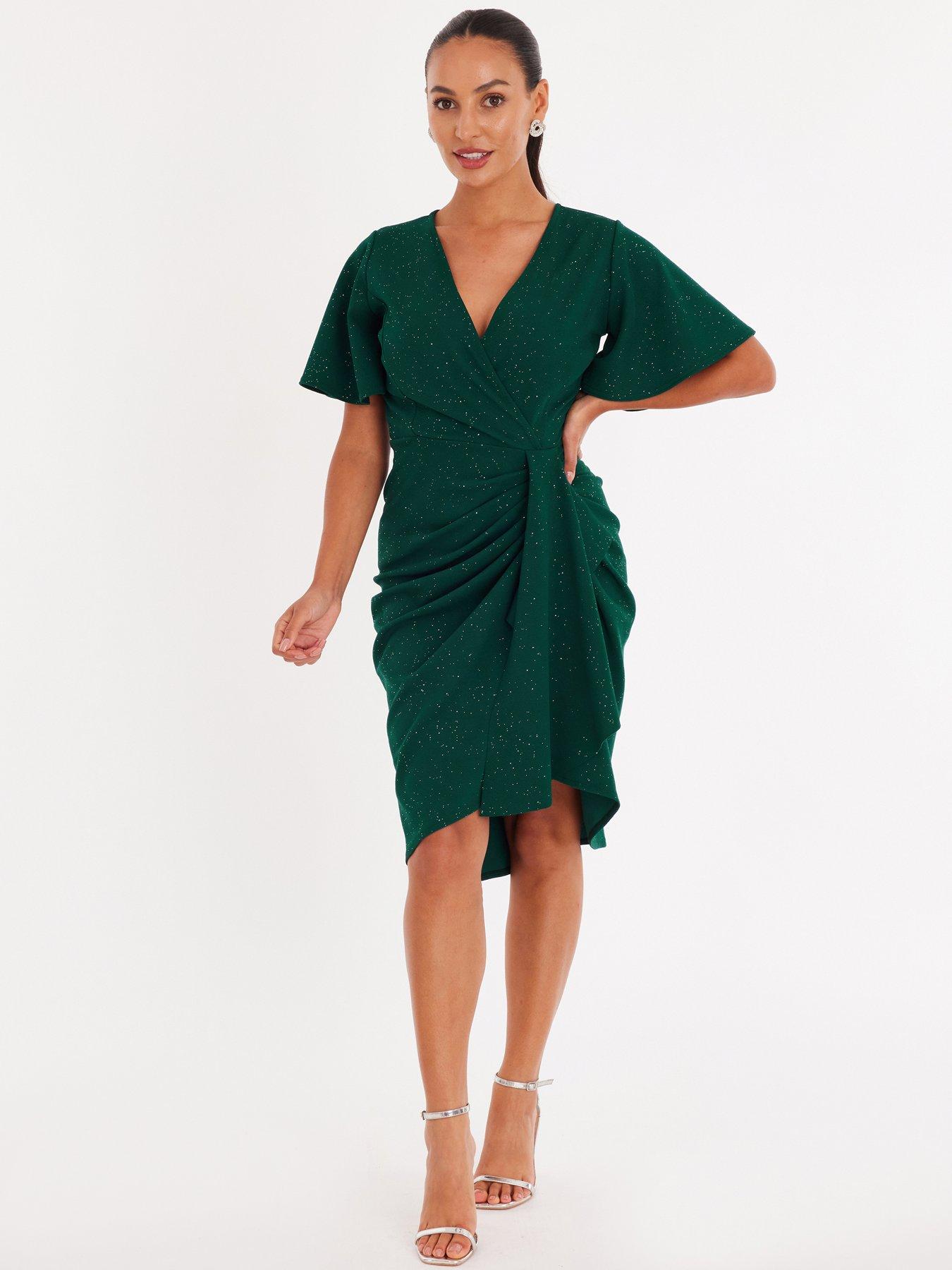Quiz Petite Bottle Green Glitter Ruched Midi Dress