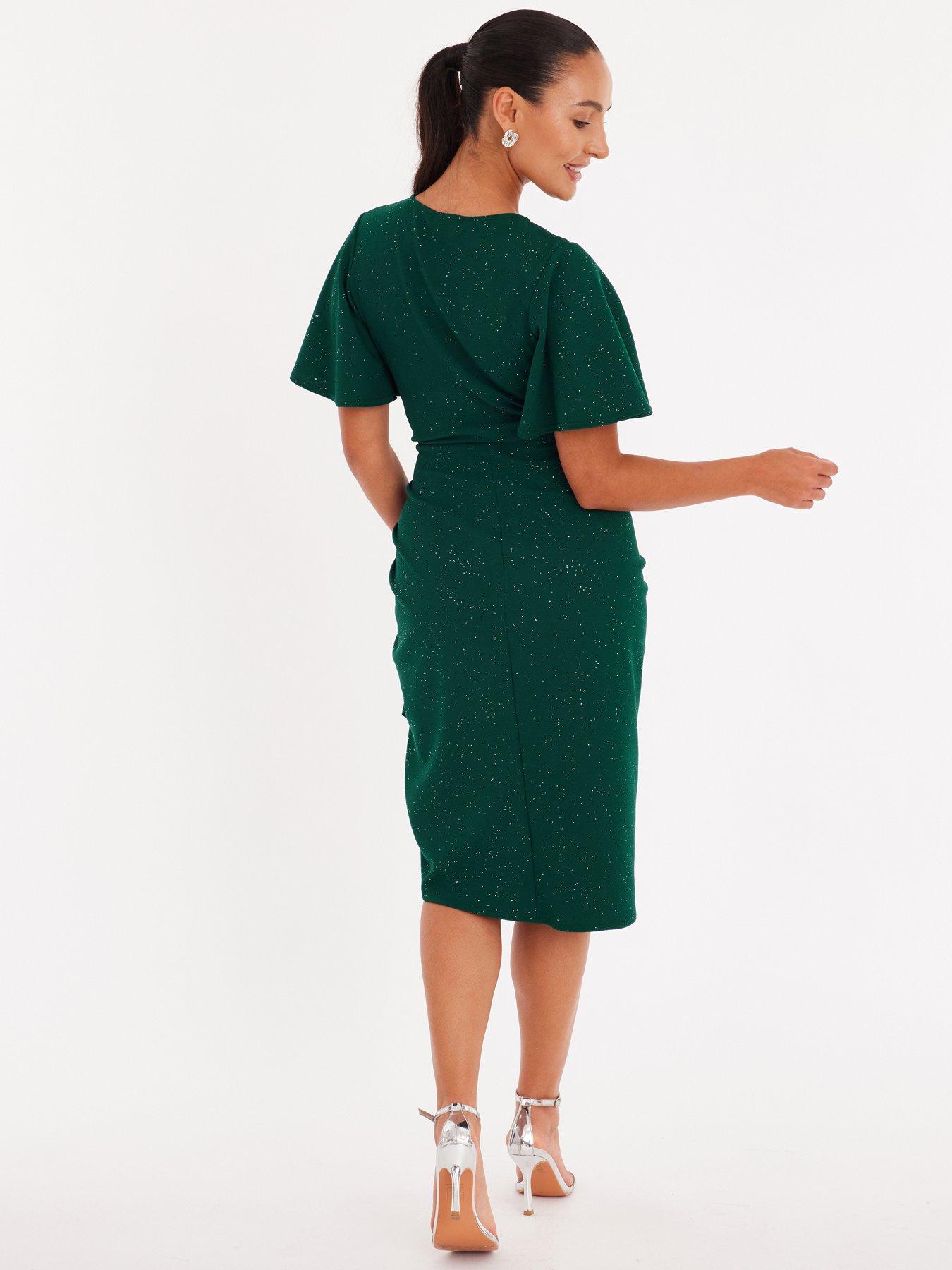  image of quiz-petite-bottle-green-glitter-ruched-midi-dress