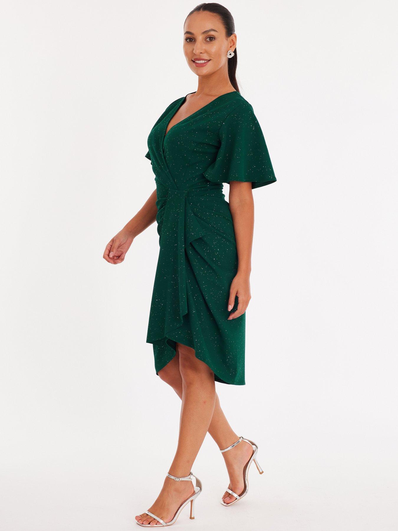  image of quiz-petite-bottle-green-glitter-ruched-midi-dress