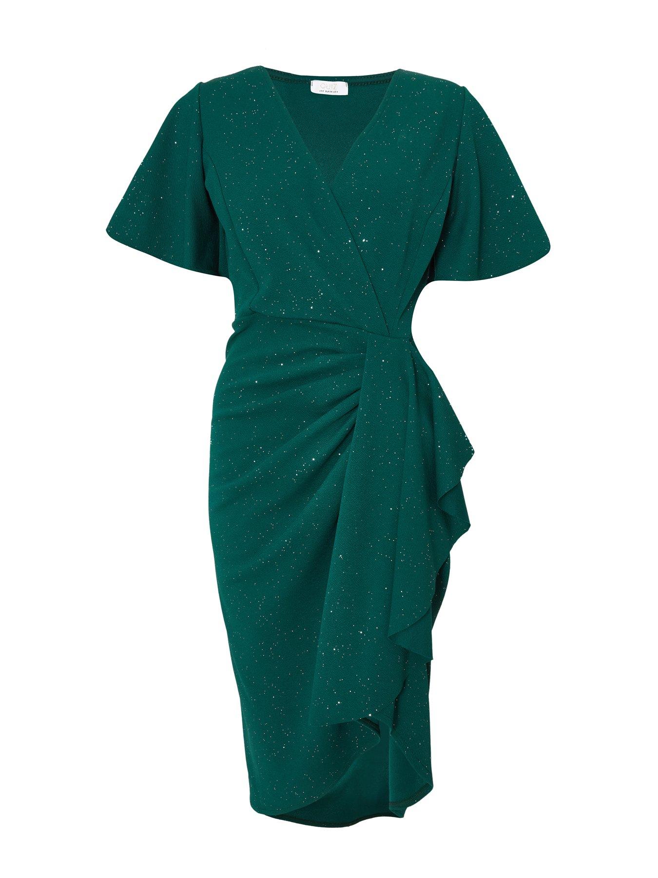  image of quiz-petite-bottle-green-glitter-ruched-midi-dress