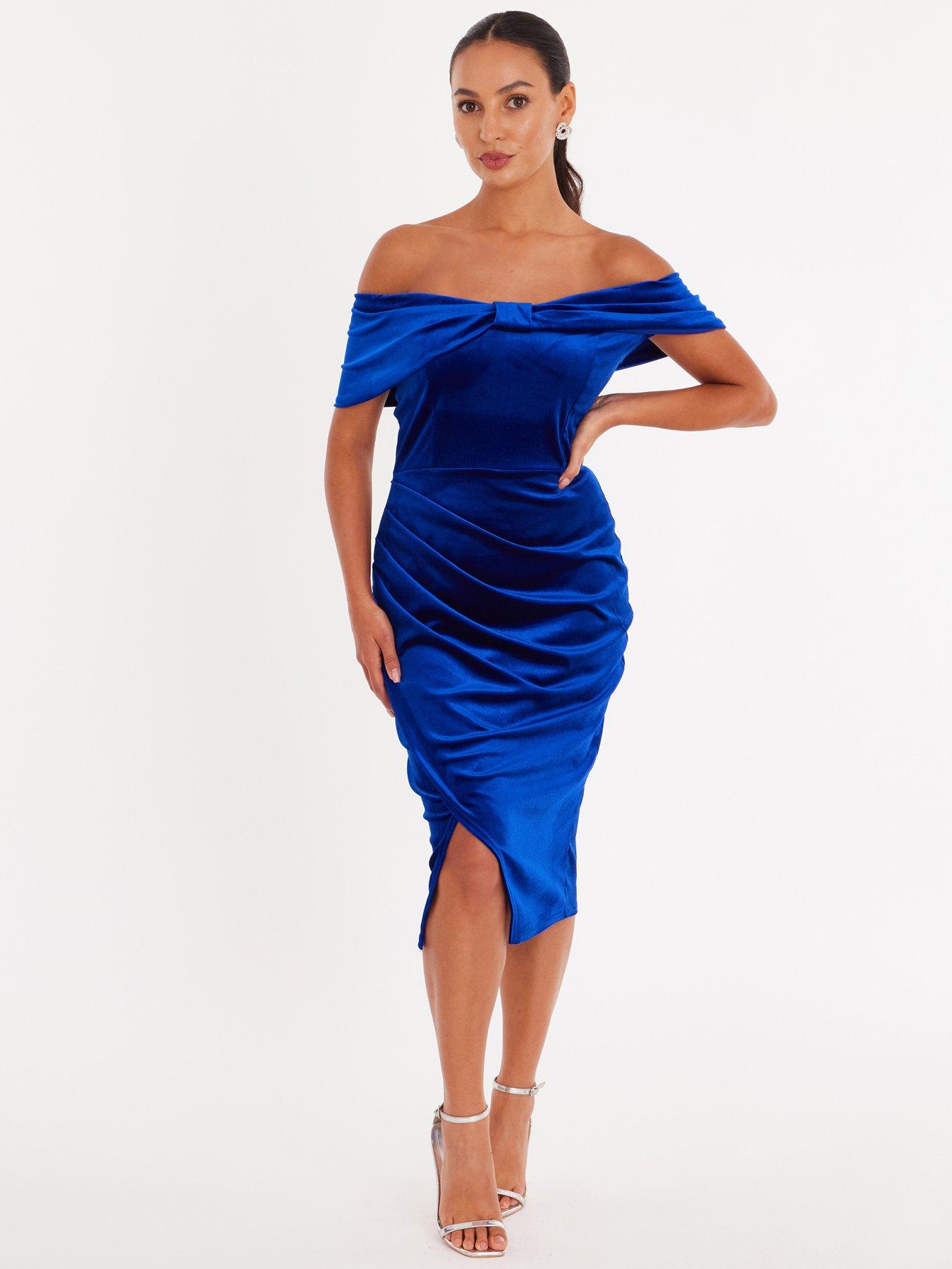  image of quiz-petite-royal-blue-velvet-bardot-midi-dress