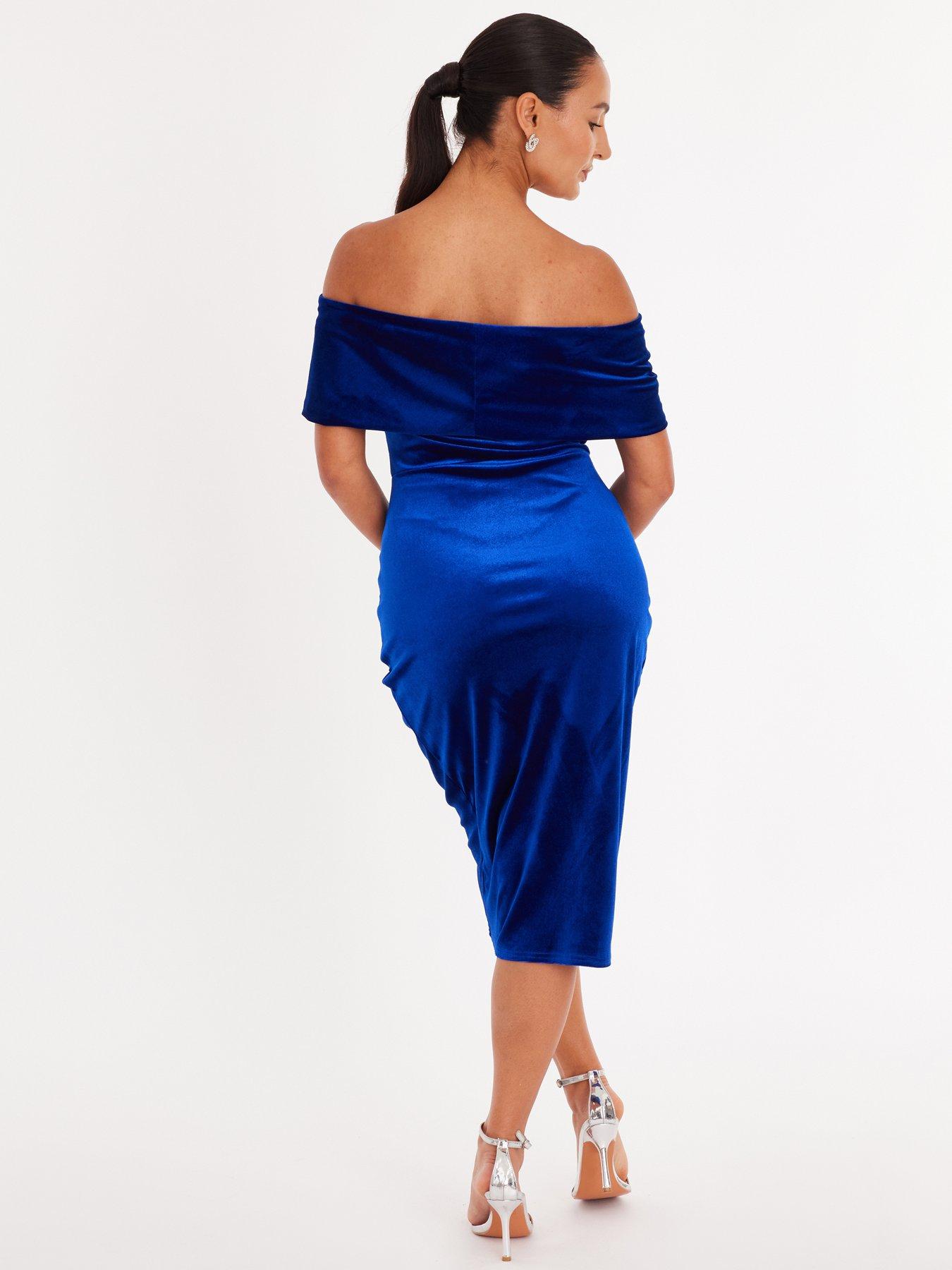  image of quiz-petite-royal-blue-velvet-bardot-midi-dress