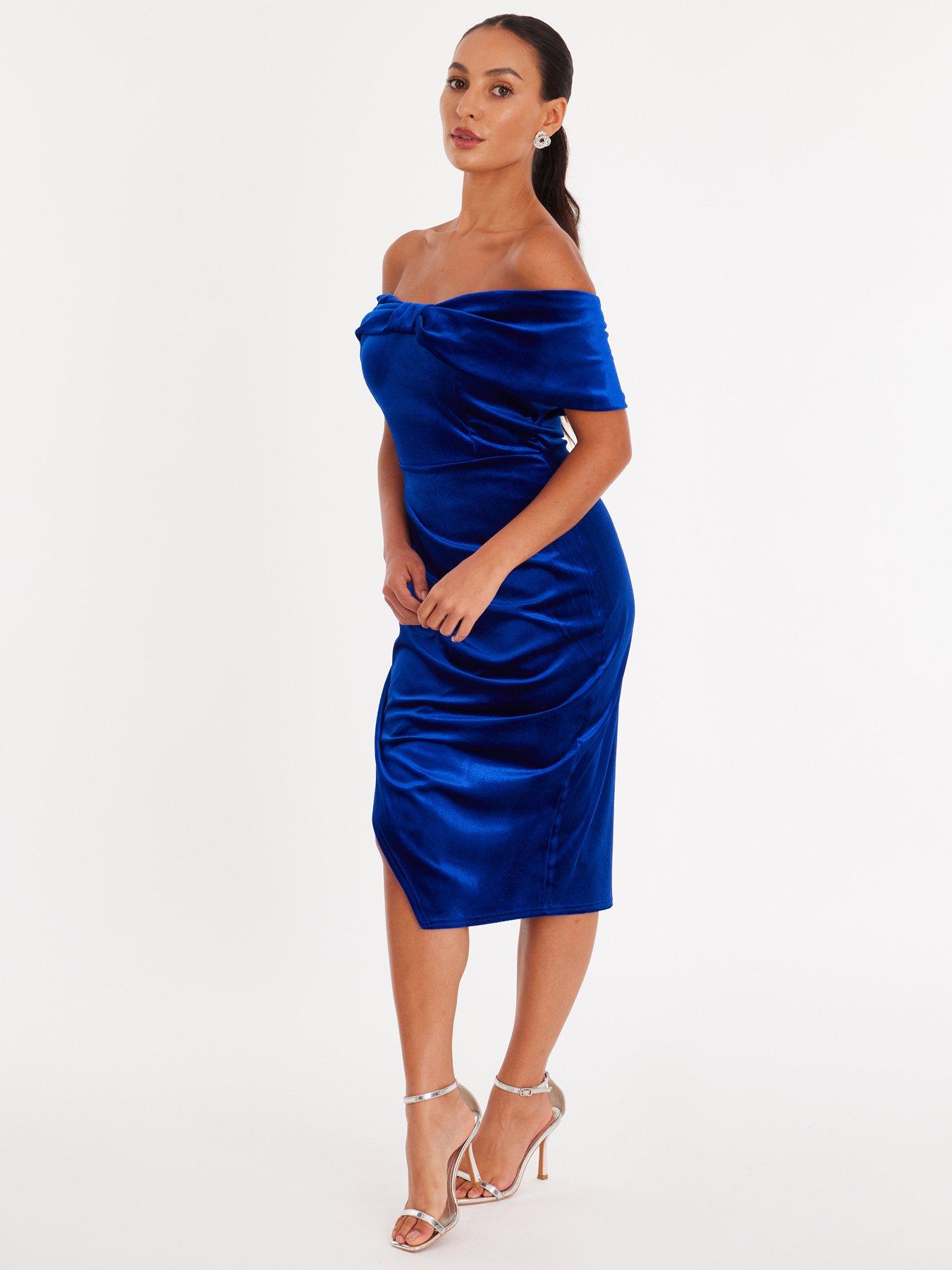  image of quiz-petite-royal-blue-velvet-bardot-midi-dress