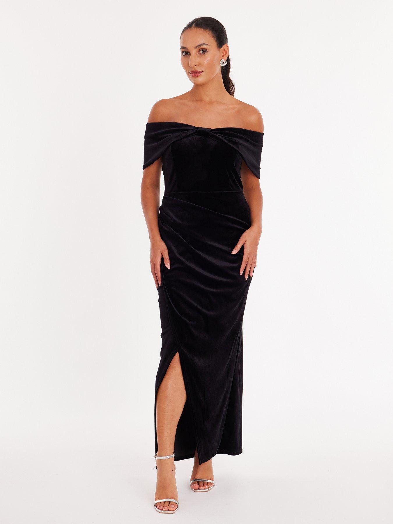 Image 1 of 5 of Quiz Petite Black Velvet Bardot Maxi Dress