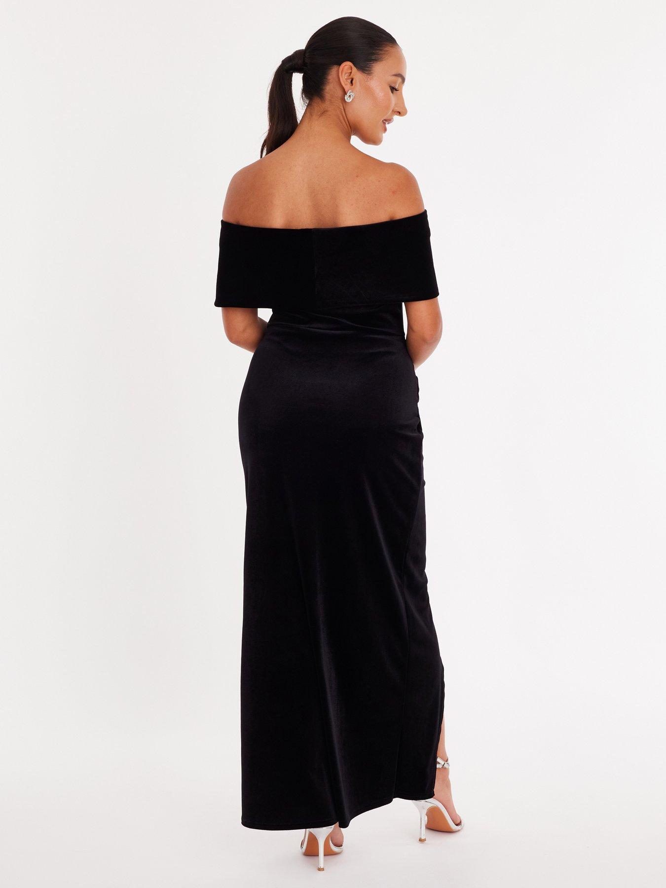Image 2 of 5 of Quiz Petite Black Velvet Bardot Maxi Dress