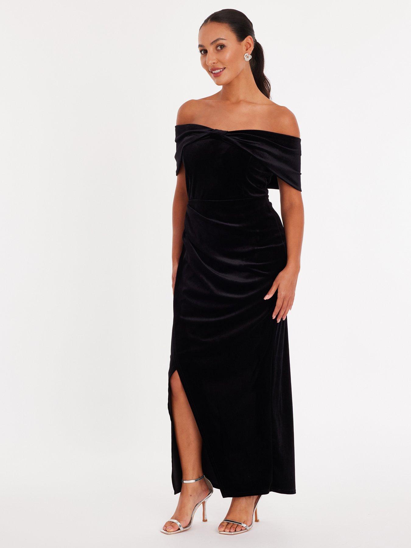 Image 3 of 5 of Quiz Petite Black Velvet Bardot Maxi Dress