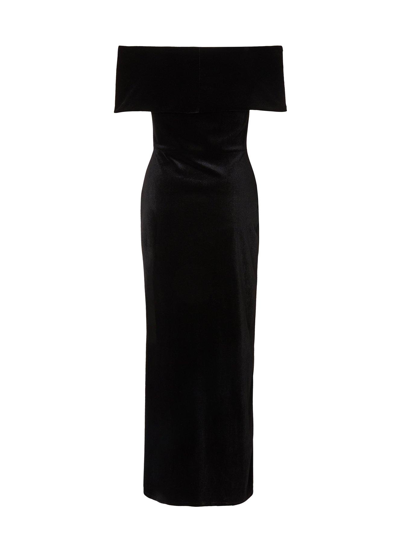 Image 4 of 5 of Quiz Petite Black Velvet Bardot Maxi Dress