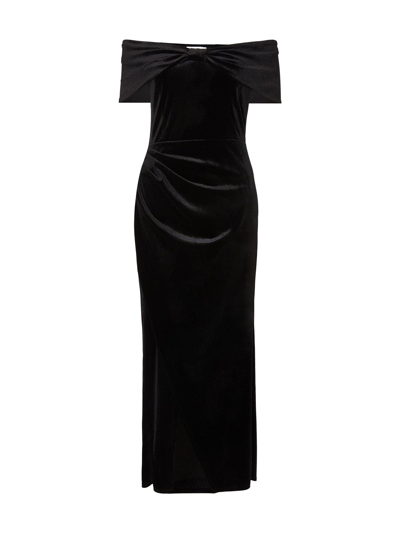 Image 5 of 5 of Quiz Petite Black Velvet Bardot Maxi Dress