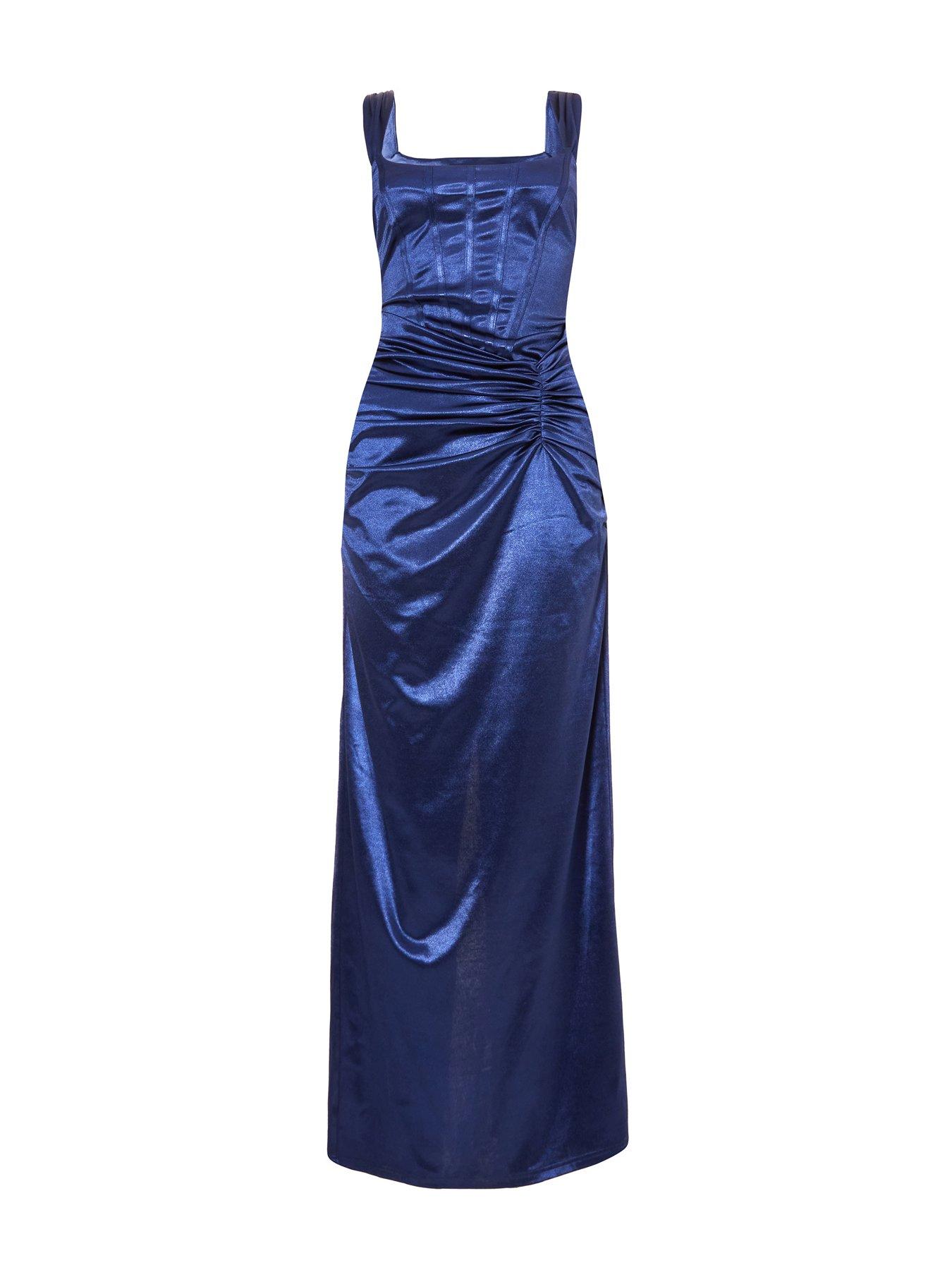  image of quiz-navy-square-neck-satin-midaxi-dress
