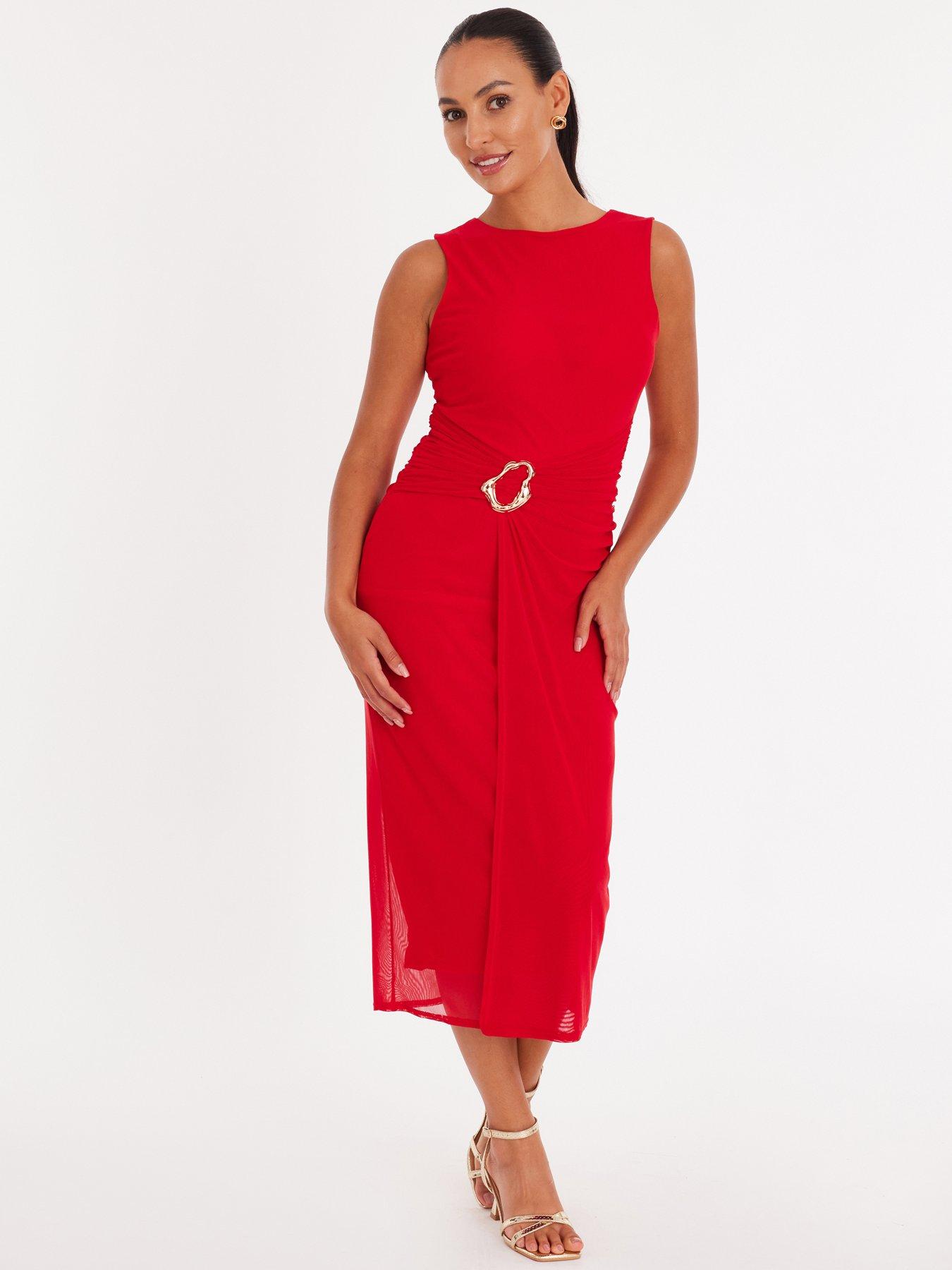 Image 1 of 6 of Quiz Petite Red Mesh Buckle Midaxi Dress