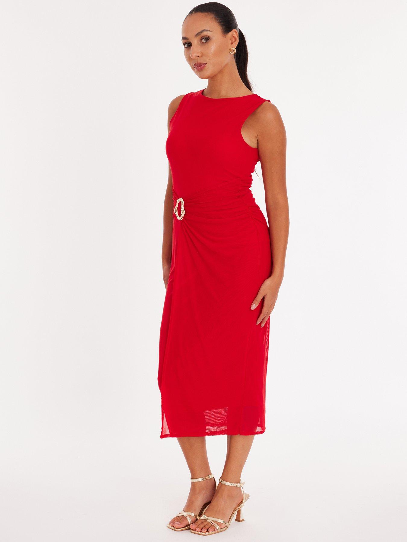 Image 3 of 6 of Quiz Petite Red Mesh Buckle Midaxi Dress