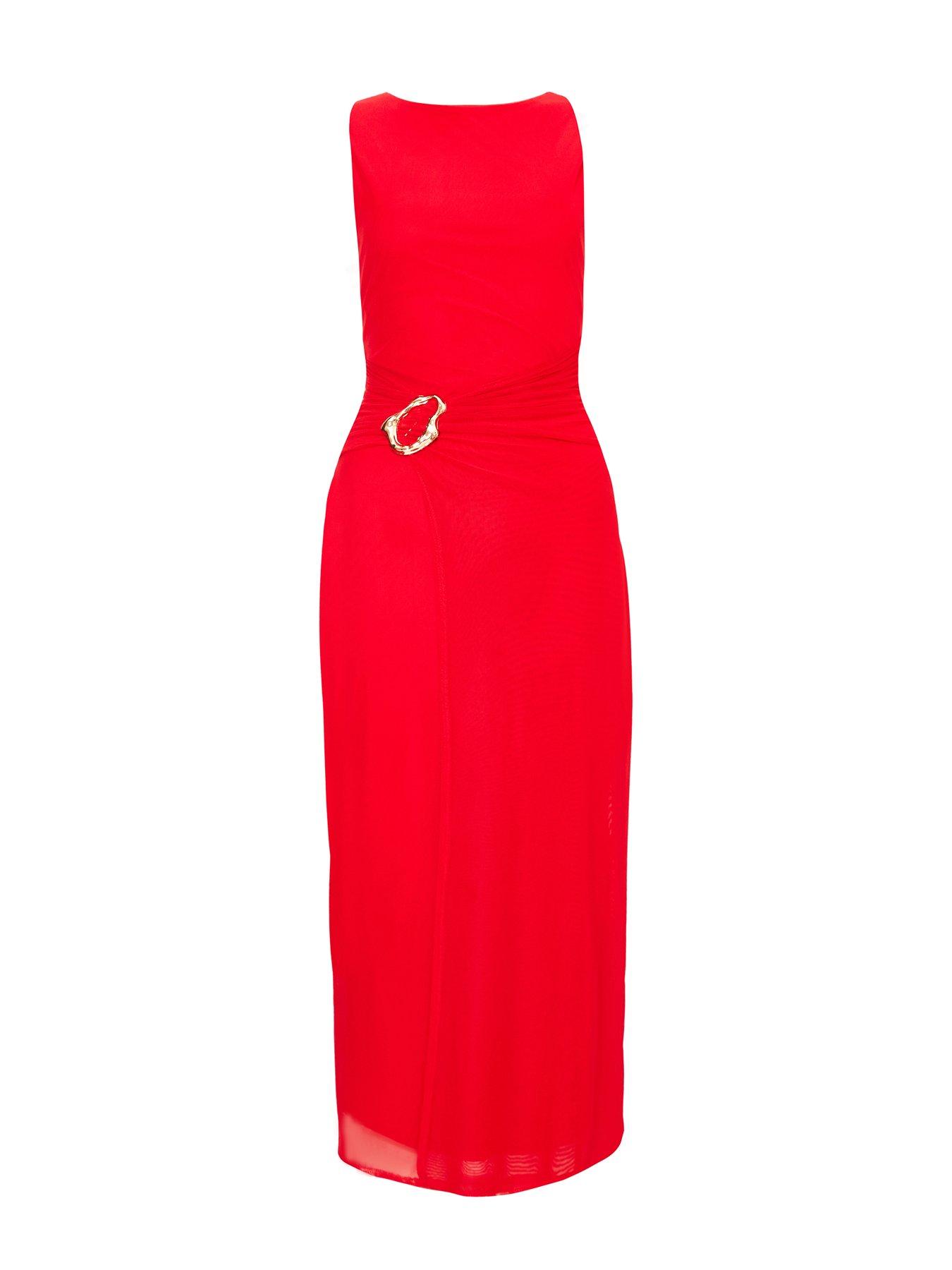 Image 4 of 6 of Quiz Petite Red Mesh Buckle Midaxi Dress