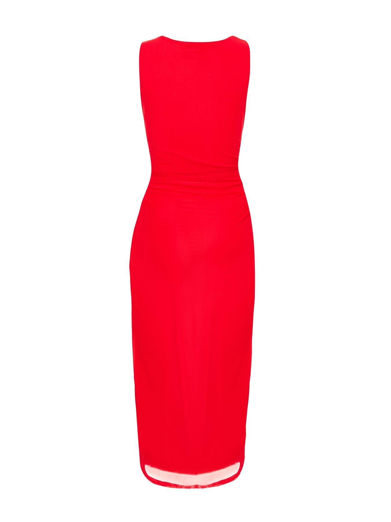 Image 5 of 6 of Quiz Petite Red Mesh Buckle Midaxi Dress
