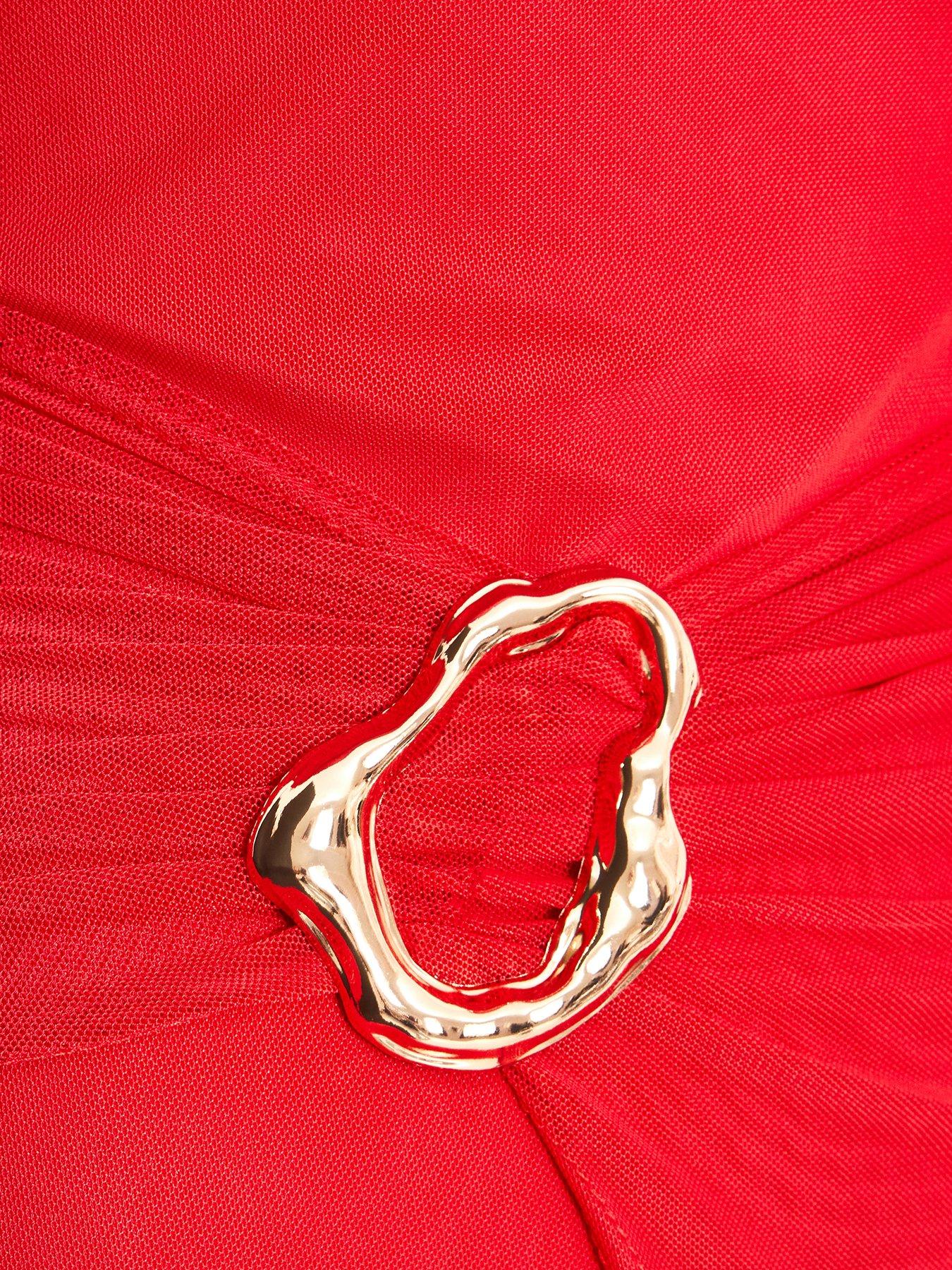 Image 6 of 6 of Quiz Petite Red Mesh Buckle Midaxi Dress