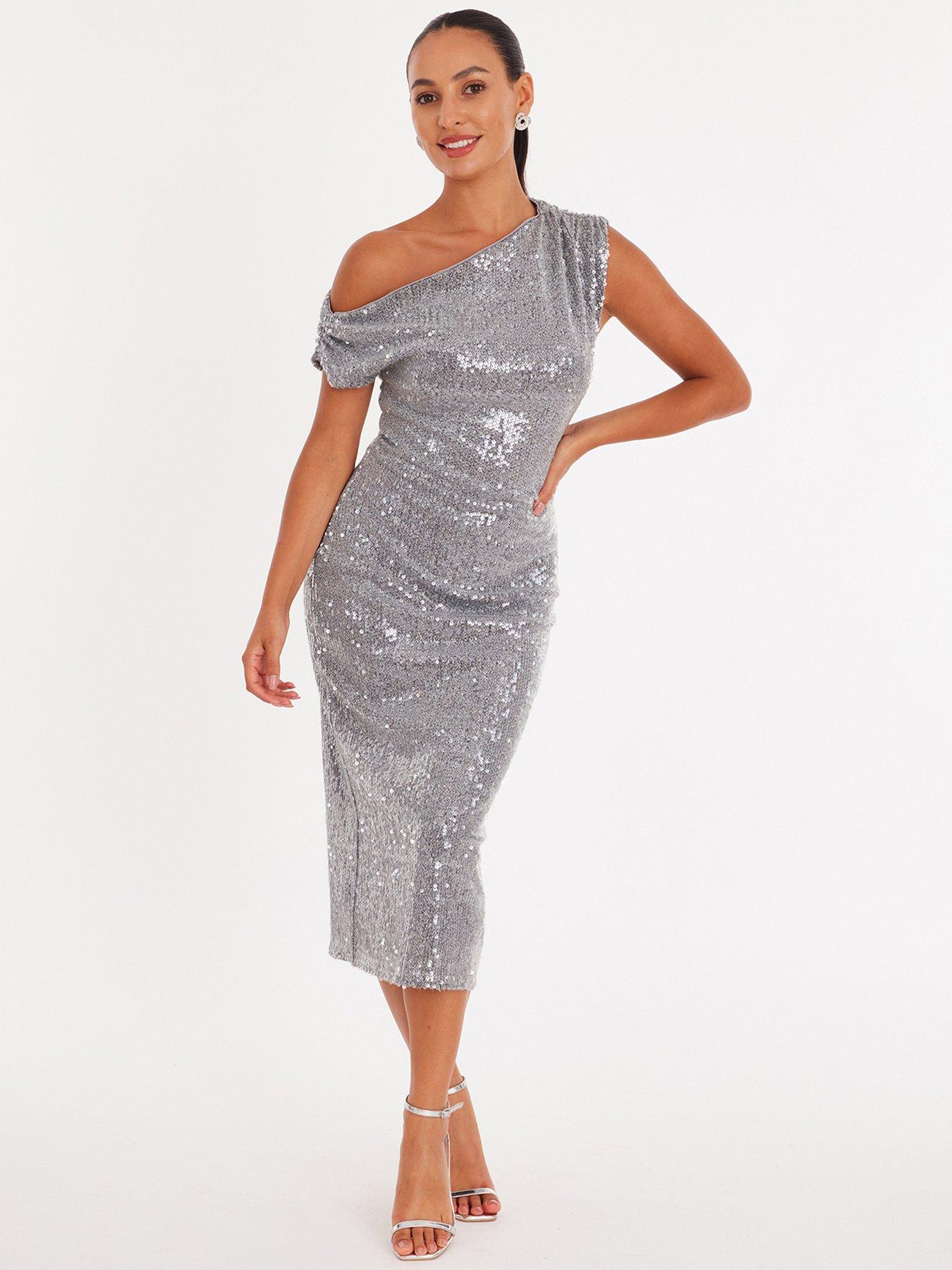 front image of quiz-petite-silver-sequin-asymmetric-midaxi-dress