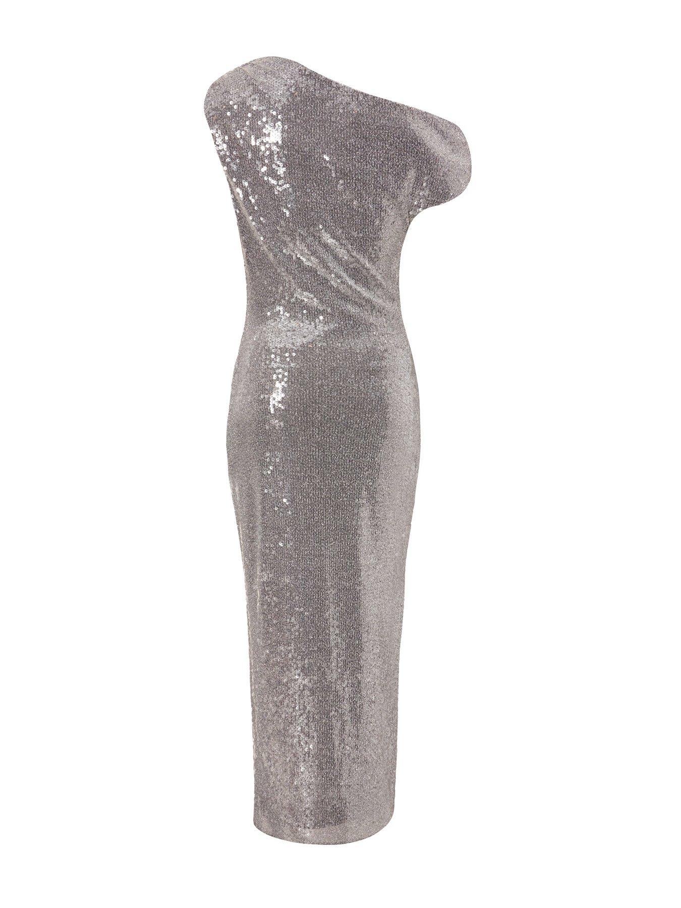  image of quiz-petite-silver-sequin-asymmetric-midaxi-dress
