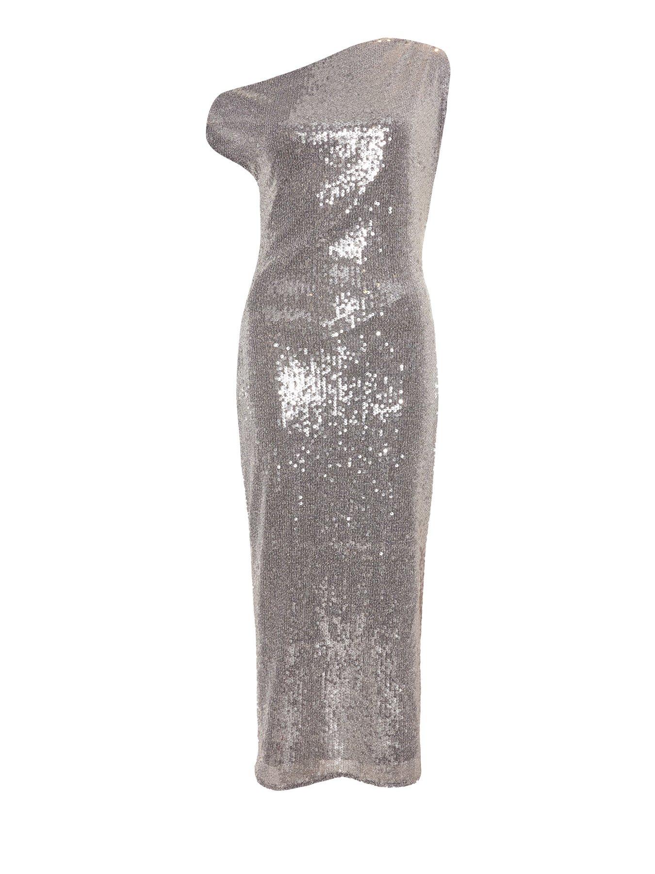  image of quiz-petite-silver-sequin-asymmetric-midaxi-dress