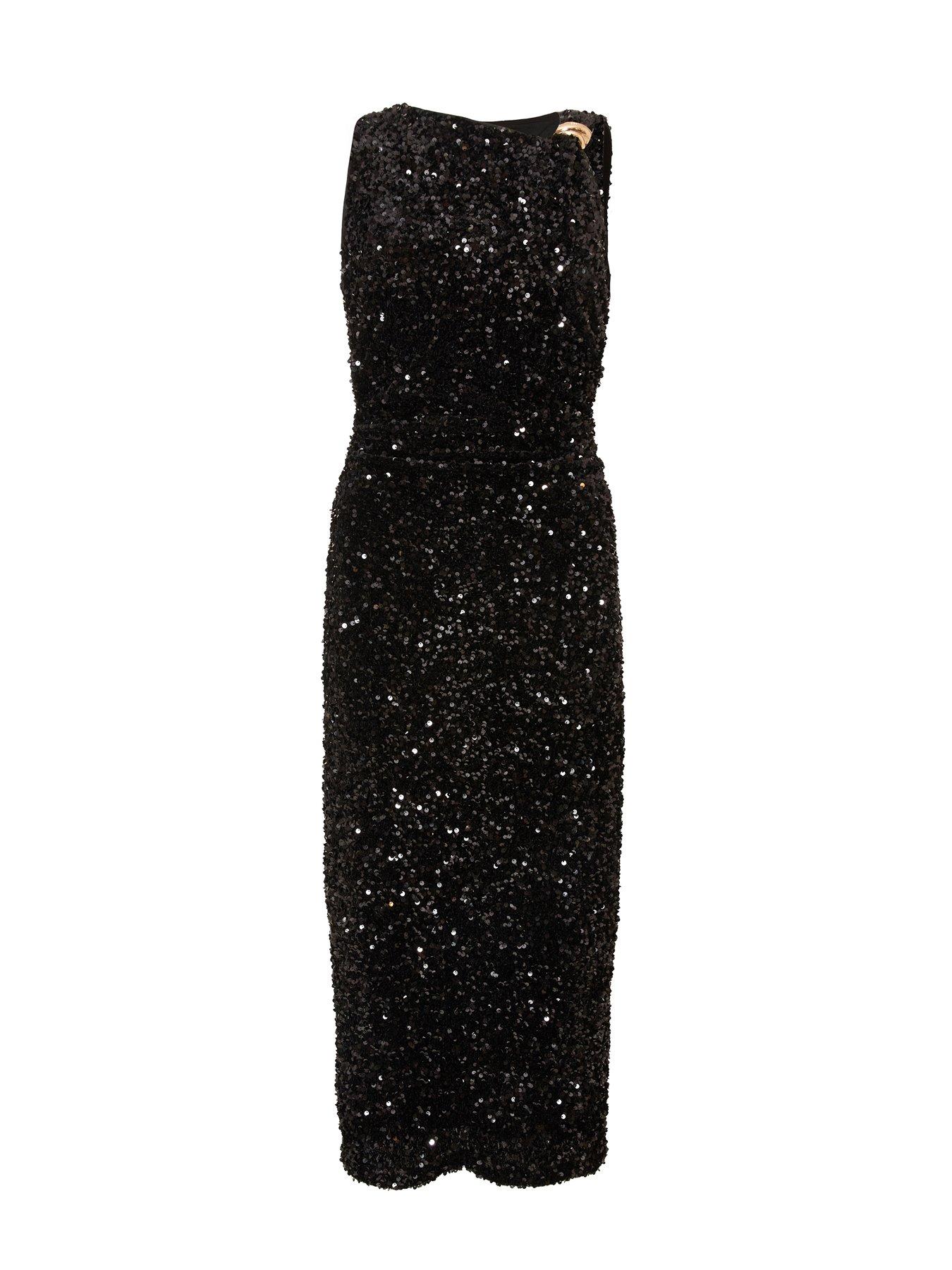  image of quiz-petite-black-sequin-buckle-detail-midaxi-dress