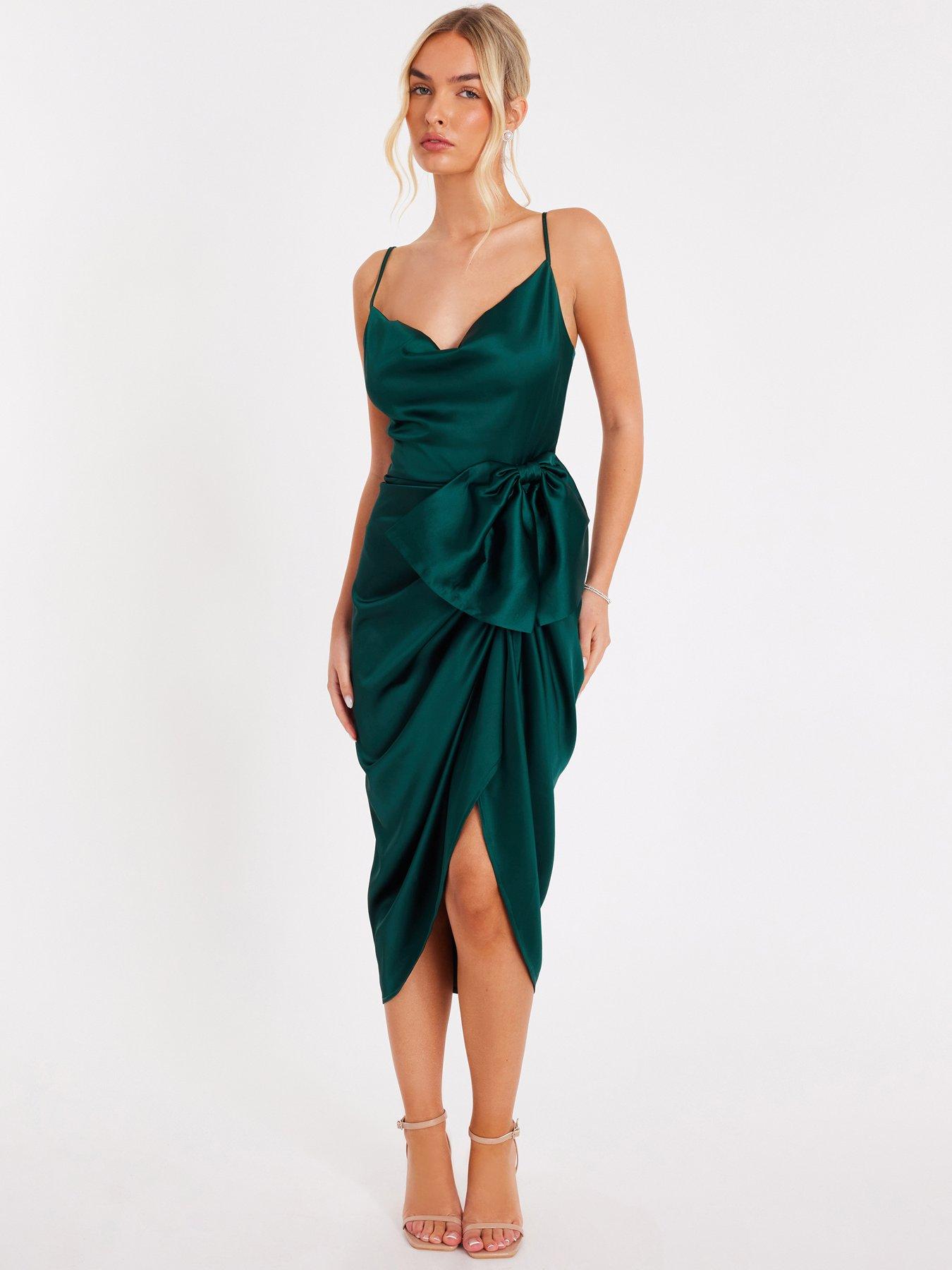 Quiz Green Satin Bow Front Midi Dress
