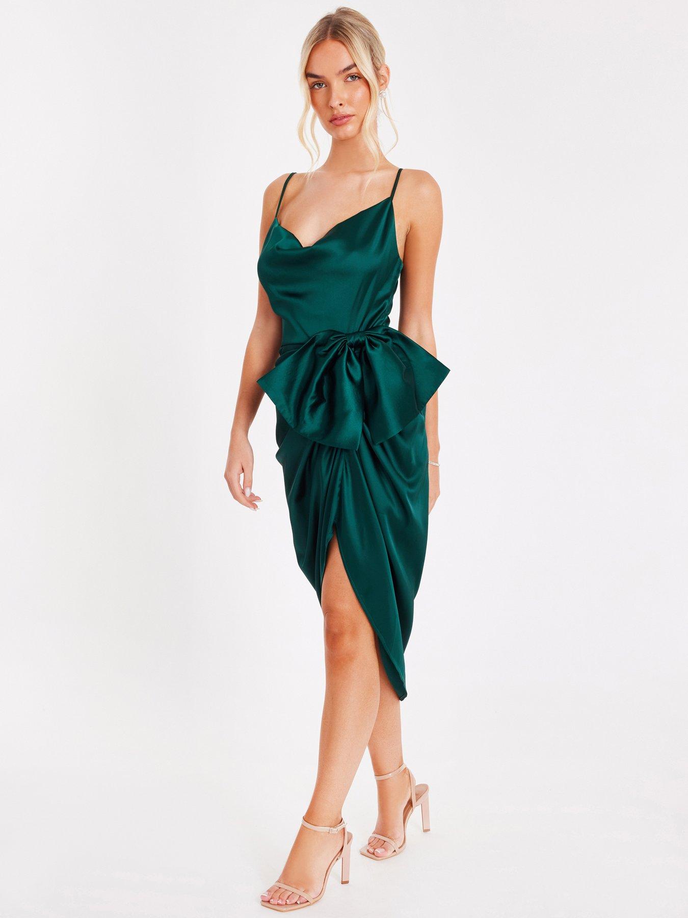 Image 3 of 6 of Quiz Green Satin Bow Front Midi Dress