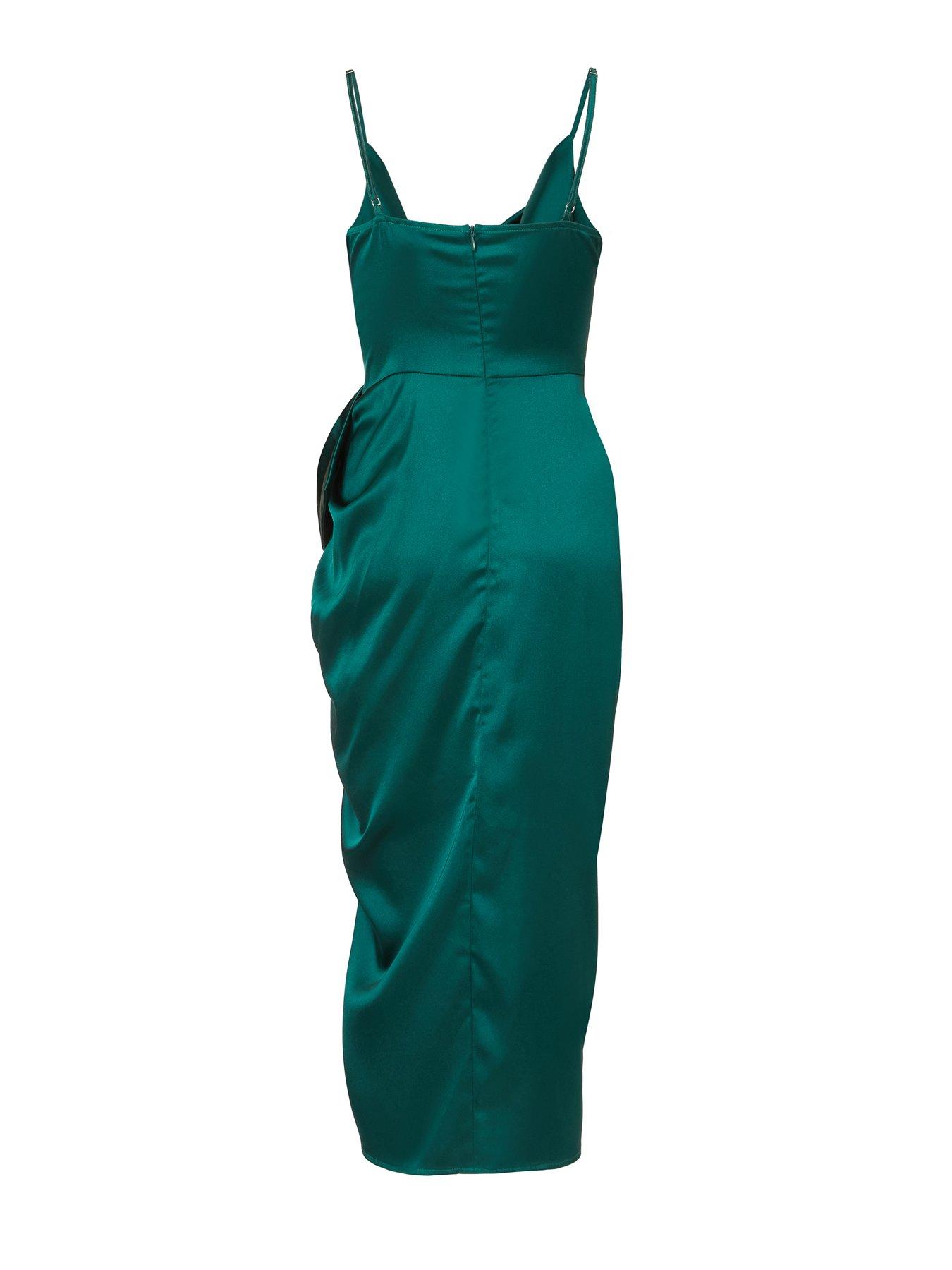 Image 4 of 6 of Quiz Green Satin Bow Front Midi Dress